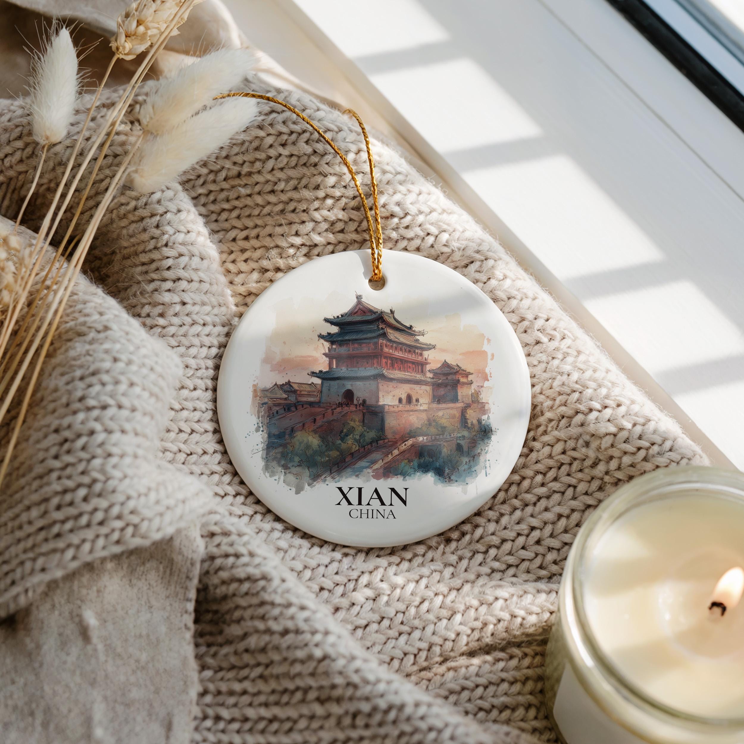 Xian China Personalized Watercolor Ornament, Custom Ceramic Christmas gift, Travel Keepsake
