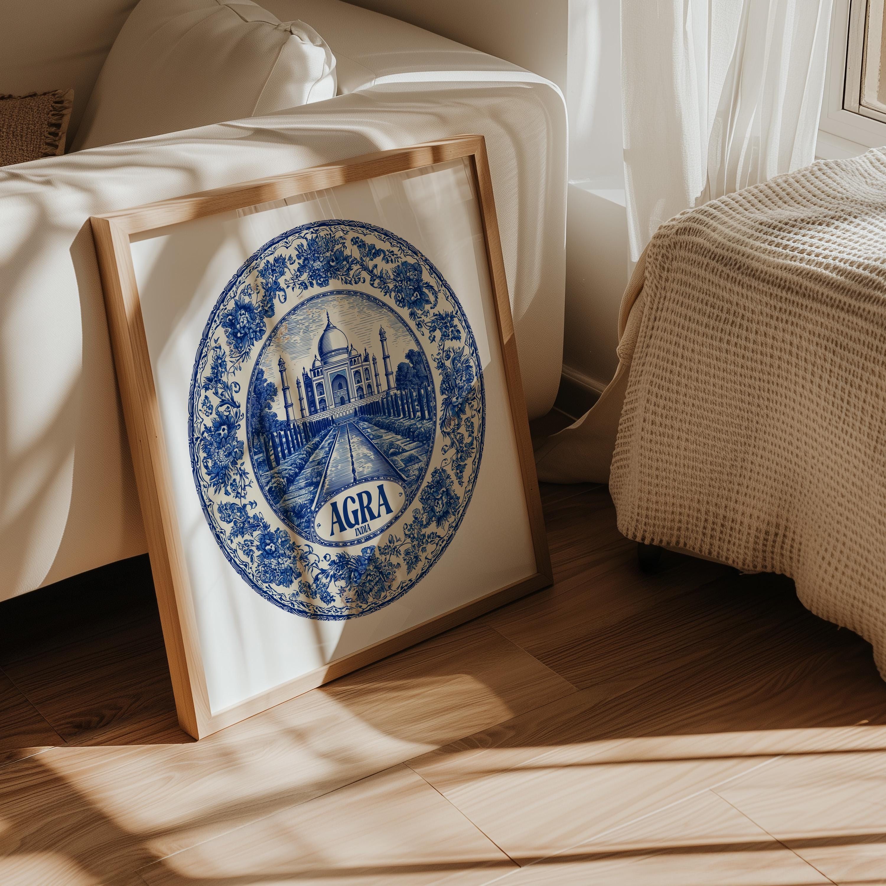 Agra India Wall Art, Vintage Delft Blue Poster, City Print, Travel Home Decor