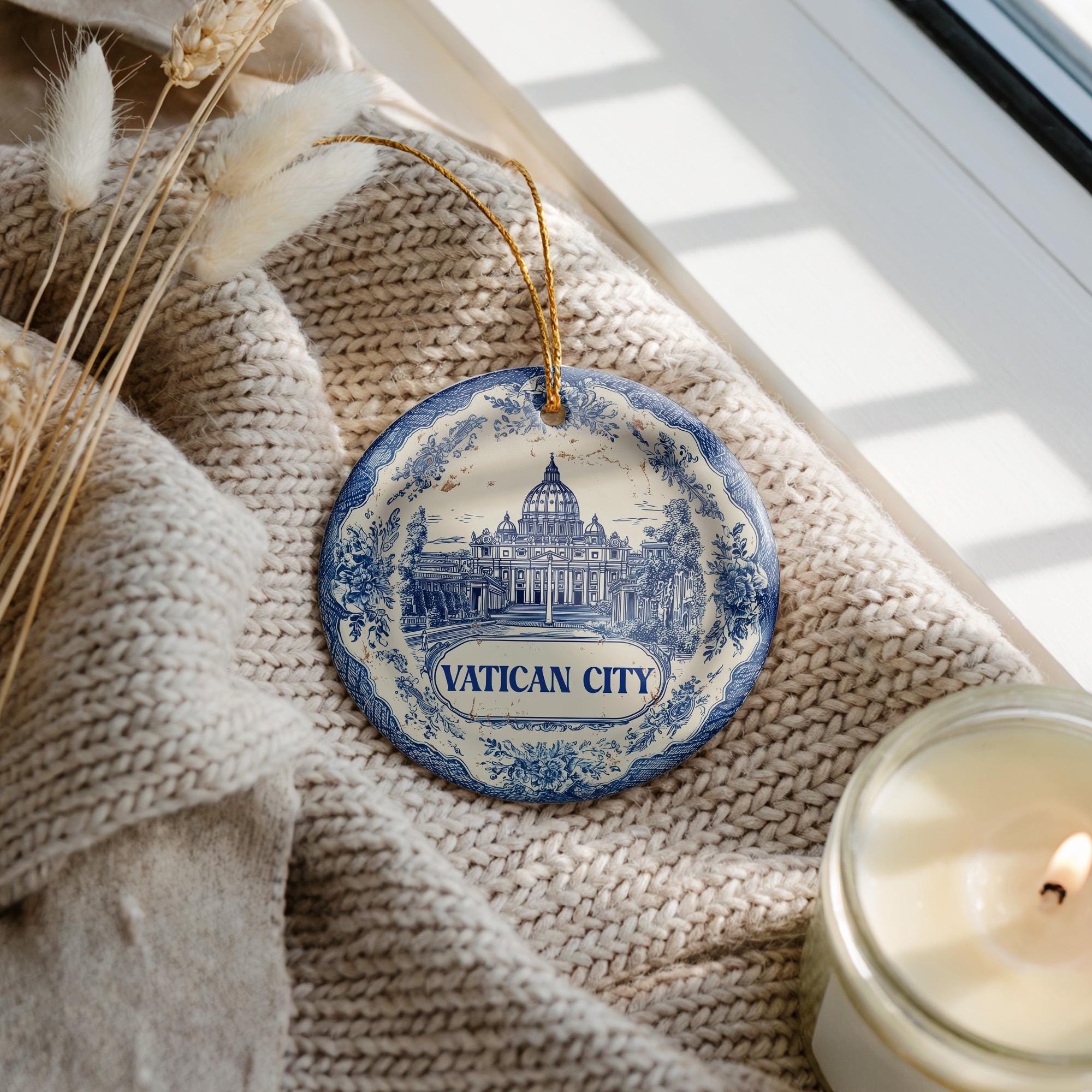Custom Vatican City Delftware Ornament: Double-Sided Ceramic Travel Keepsake