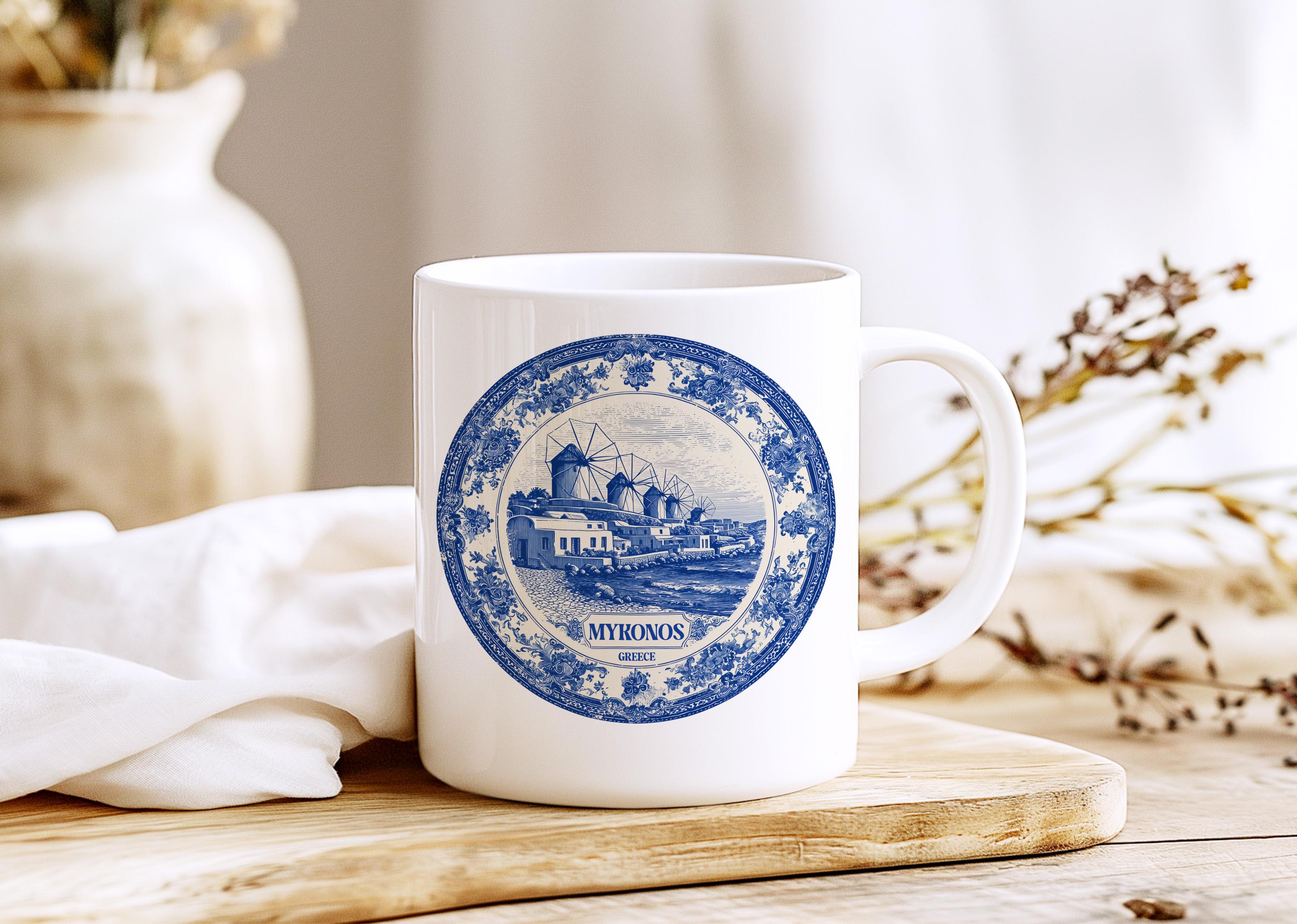 Mykonos Greece Mug, Custom Delft Style cup, Personalized Vintage Travel City Gift