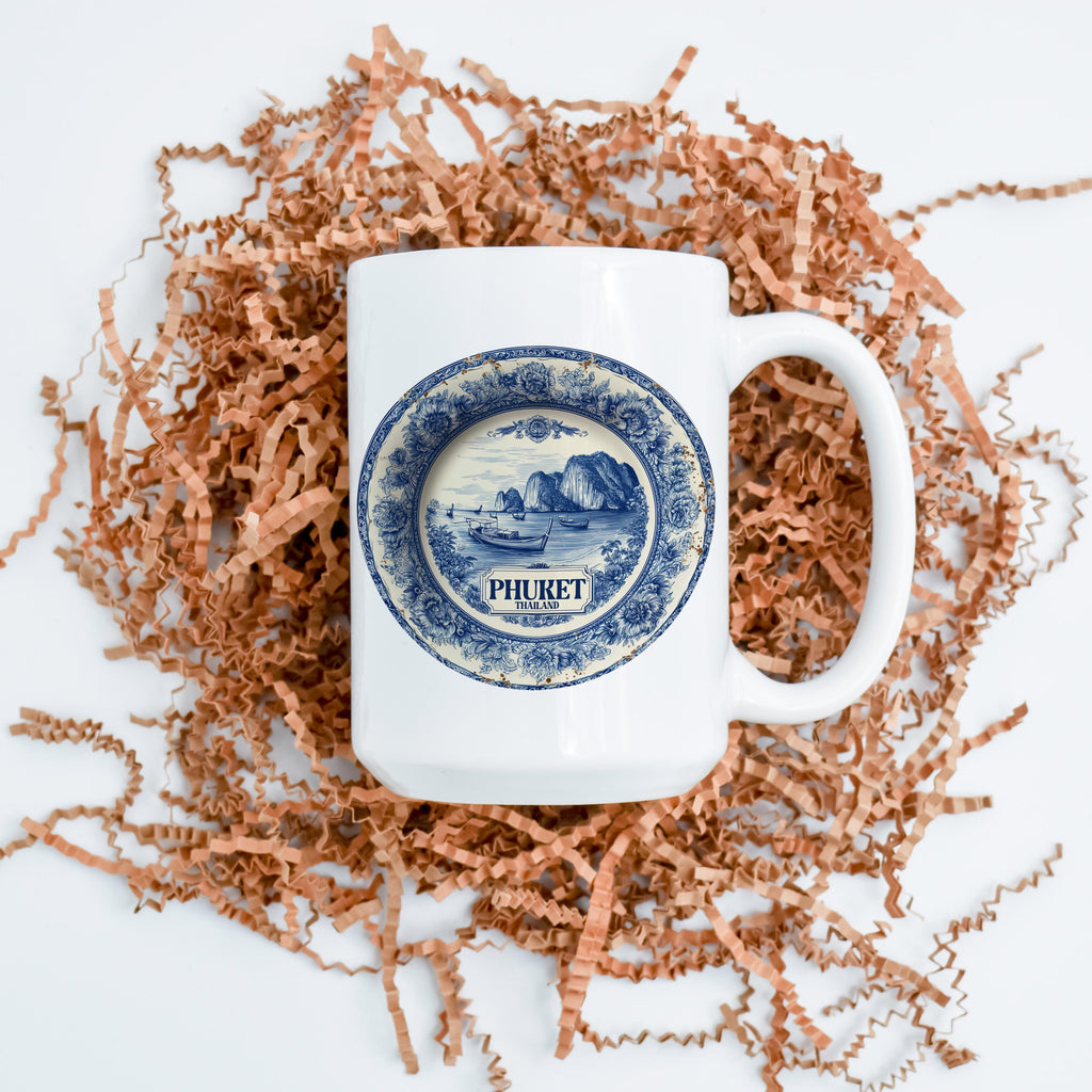 Phuket Thailand Mug, Custom Delft Style cup, Personalized Vintage Travel City Gift