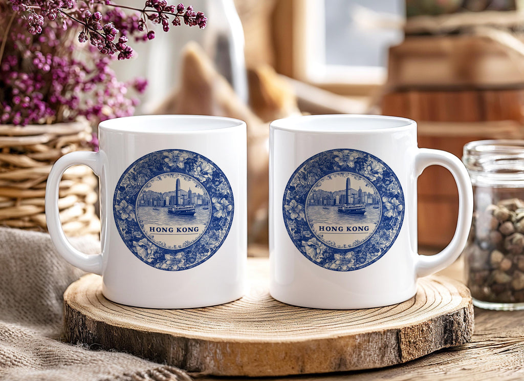 Hong Kong Mug, Custom Delft Style cup, Personalized Vintage Travel City Gift