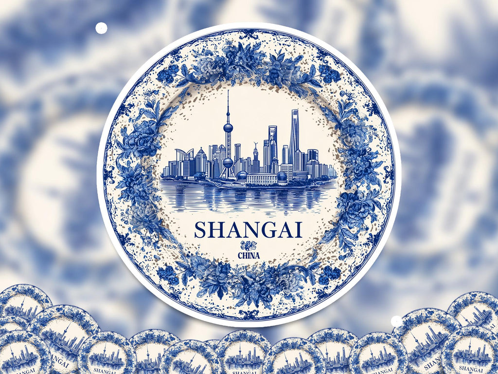 Shanghai China Sticker Vintage Delft style, Delftware Decal Waterproof Vinyl, Blue City Travel