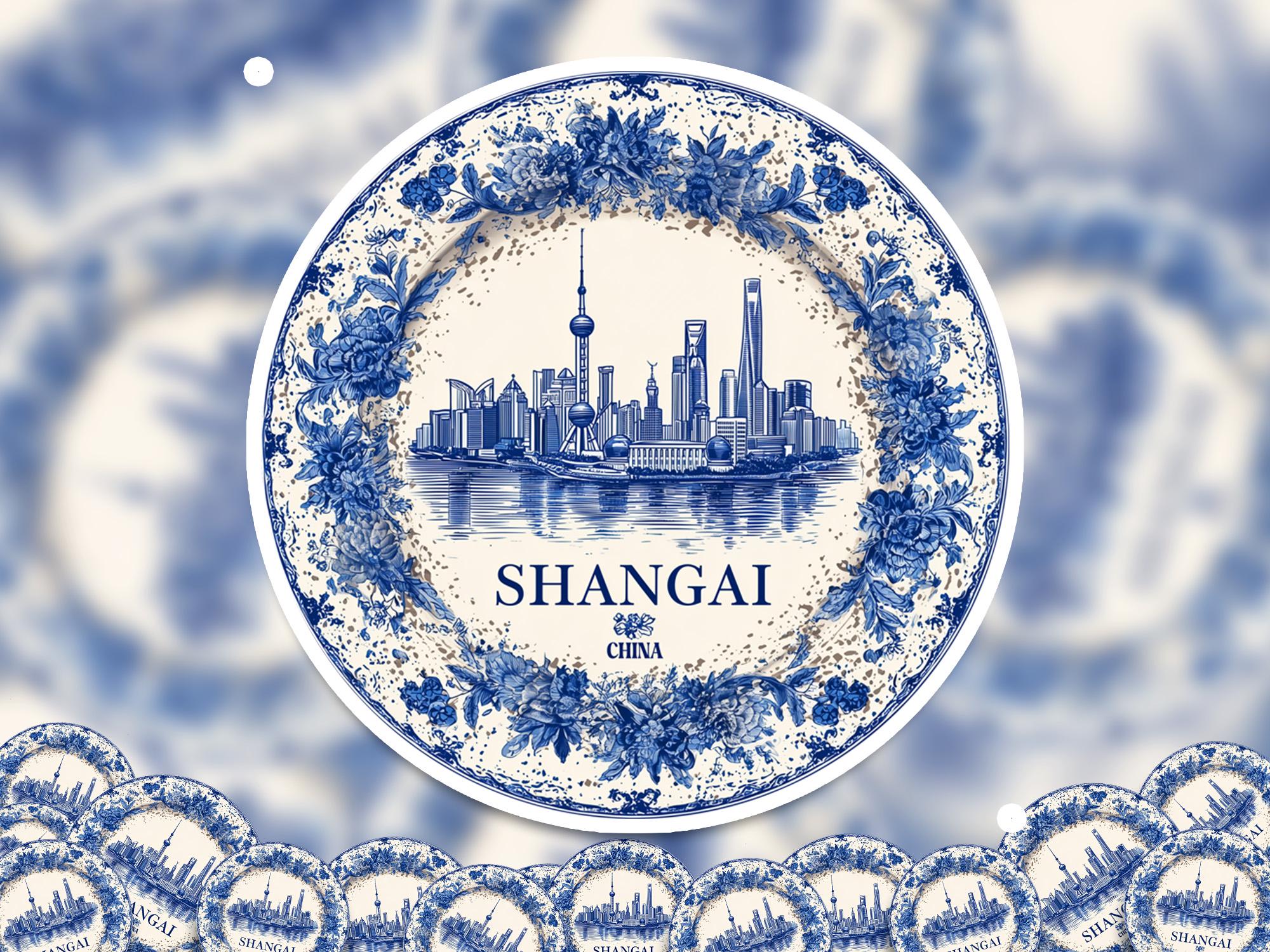Shanghai China Sticker Vintage Delft style, Delftware Decal Waterproof Vinyl, Blue City Travel