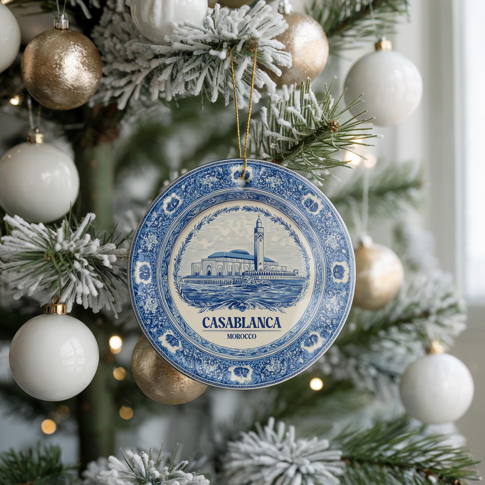 Custom Casablanca Morocco Ceramic Delft Ornament, Christmas Delftware Blue Delftware city travel