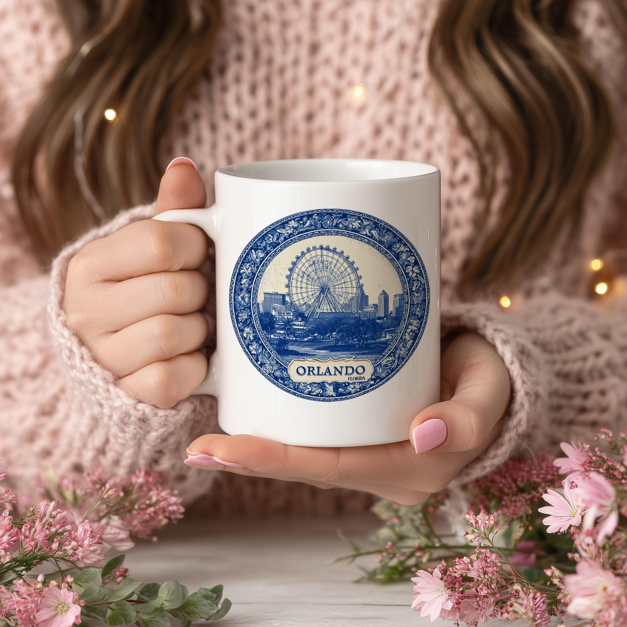 Orlando Florida Mug, Custom Delft Style cup, Personalized Vintage Travel City Gift