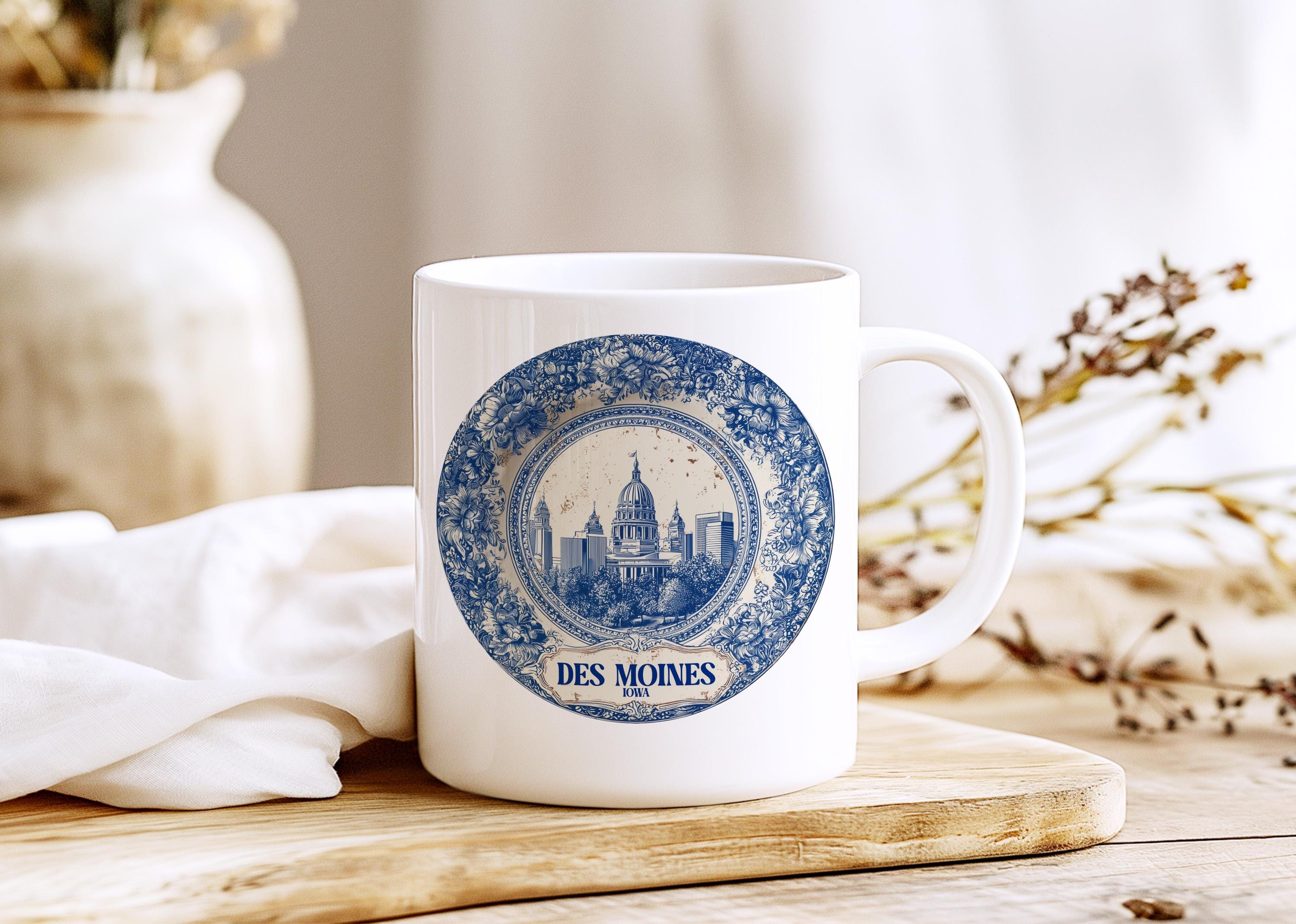 Des Moines Iowa Mug, Custom Delft Style cup, Personalized Vintage Travel City Gift