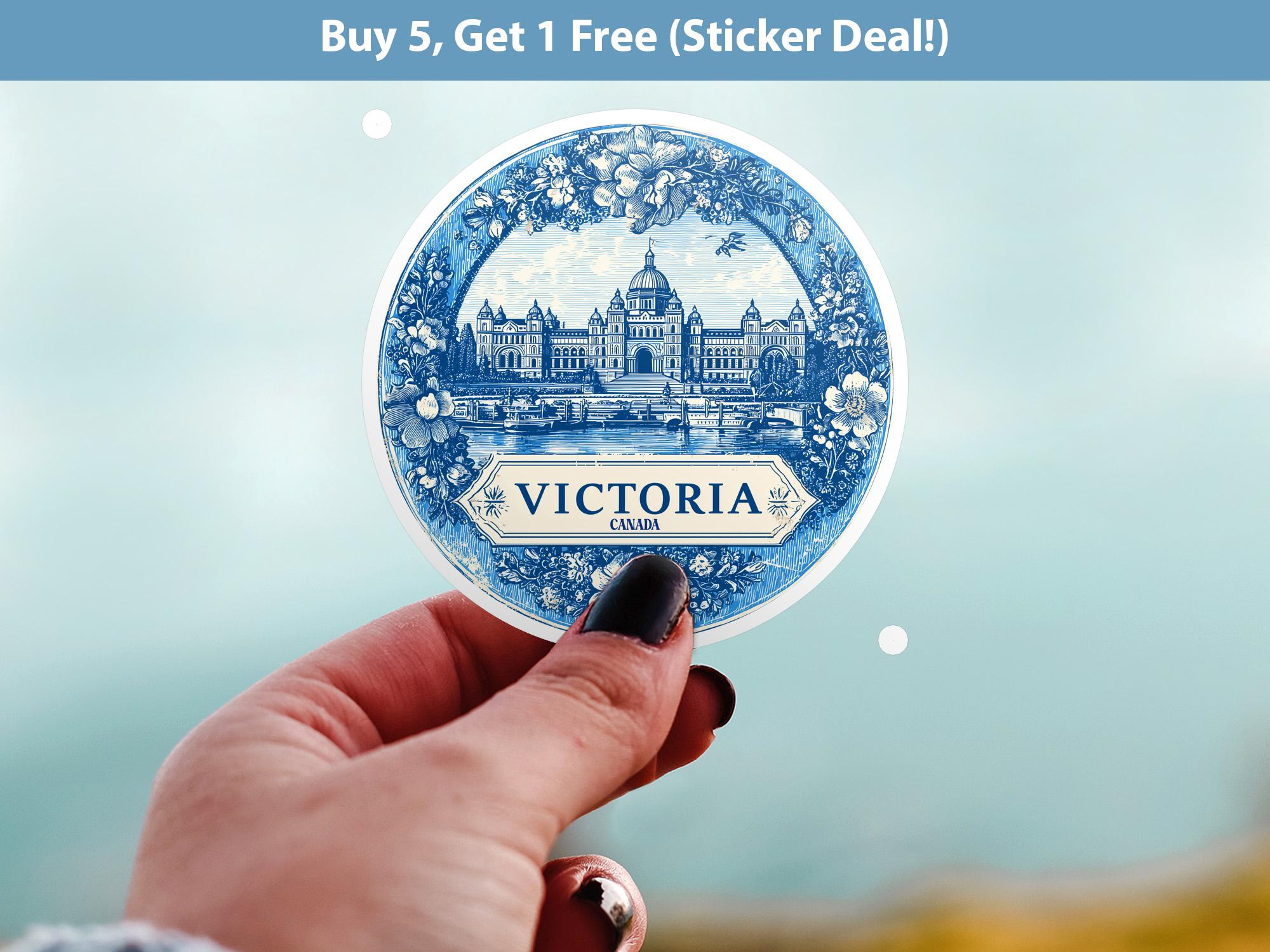 Victoria Canada Sticker Vintage Delft style, Delftware Decal Waterproof Vinyl, Blue City Travel