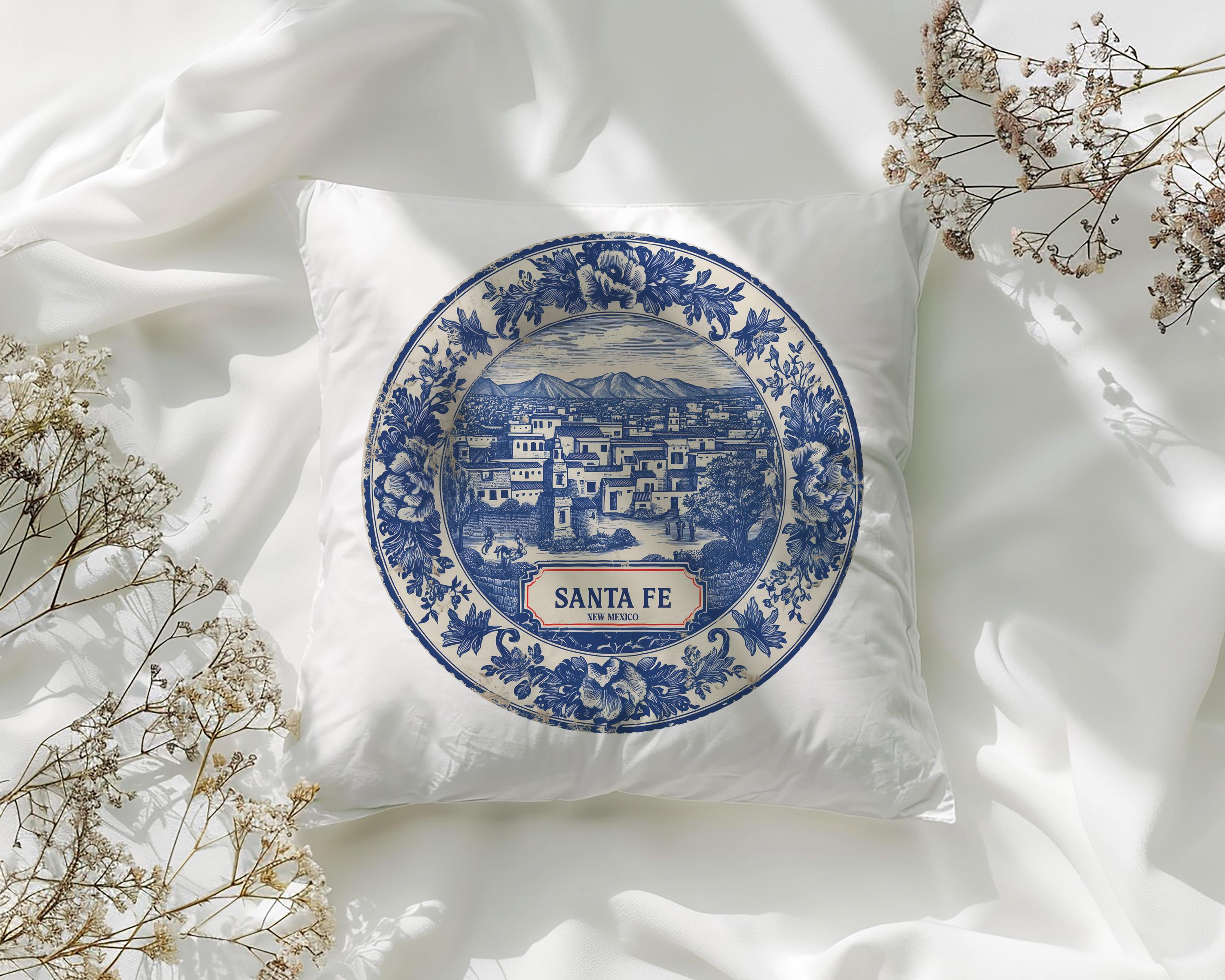 Santa Fe New Mexico Pillowcase, Delft Style Decorative Throw Pillow, Vintage Cityscape Retro Home Decor