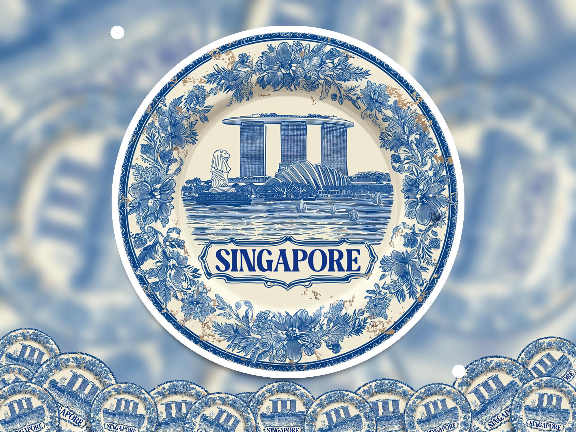 Singapore Sticker Vintage Delft style, Delftware Decal Waterproof Vinyl, Blue City Travel
