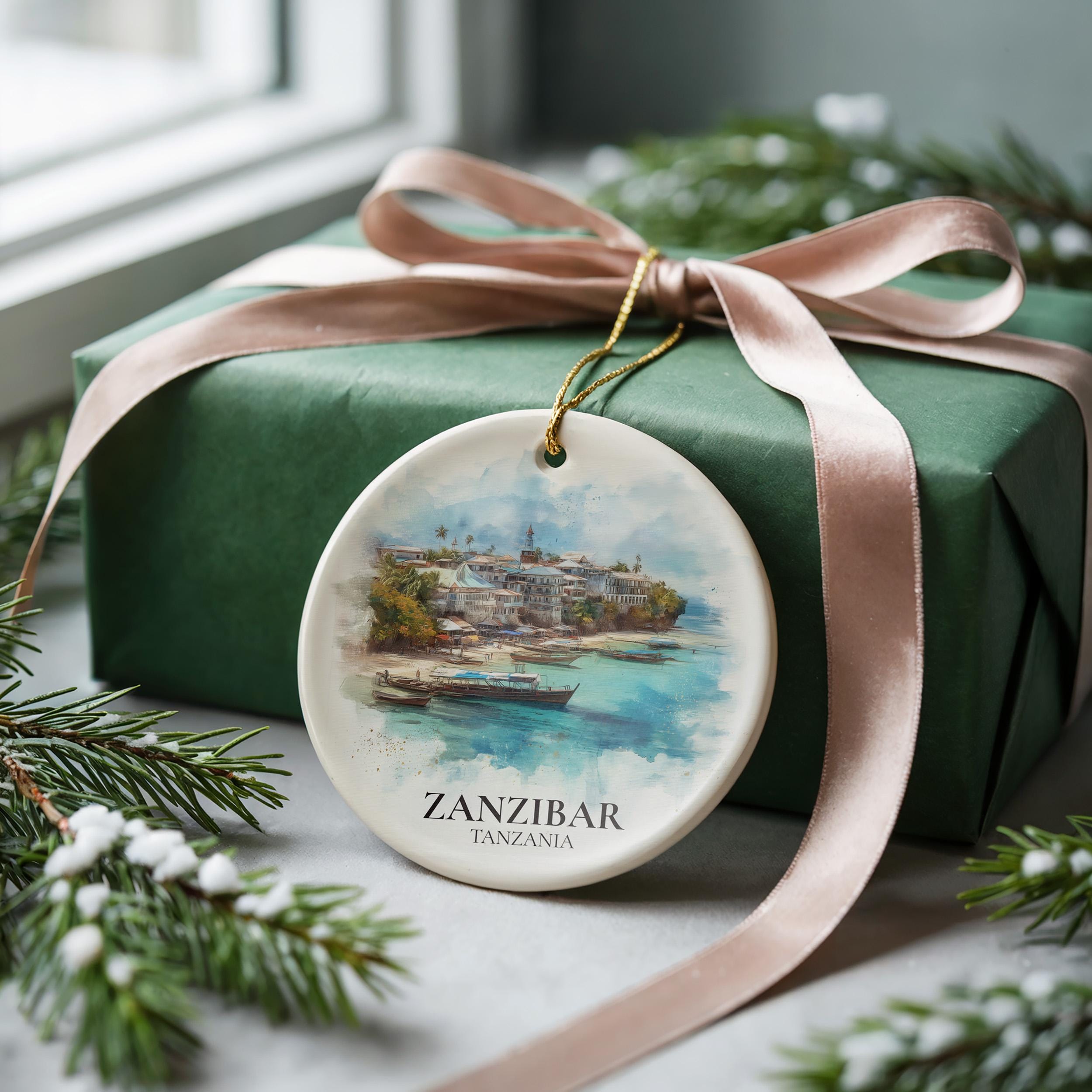 Zanzibar Tanzania Personalized Watercolor Ornament, Custom Ceramic Christmas gift, Travel Keepsake