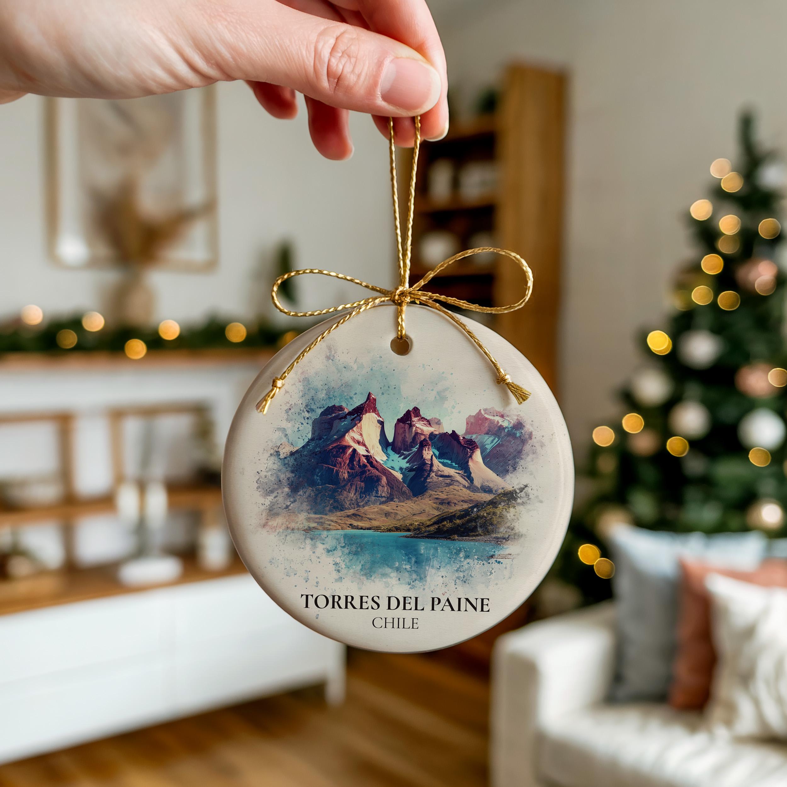 Torres del Paine Chile Personalized Watercolor Ornament, Custom Ceramic Christmas gift, Travel Keepsake