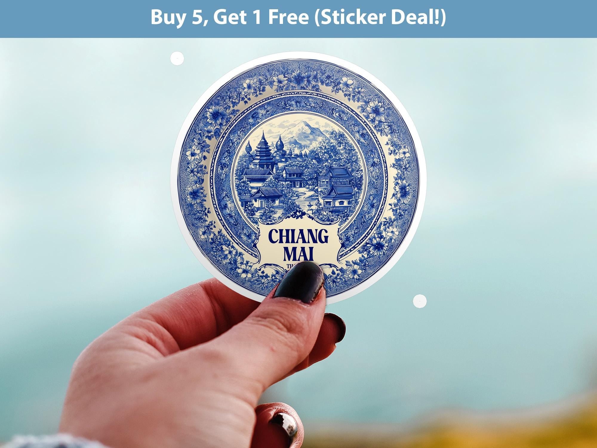 Chiang Mai Thailand Sticker Vintage Delft style, Delftware Decal Waterproof Vinyl, Blue City Travel