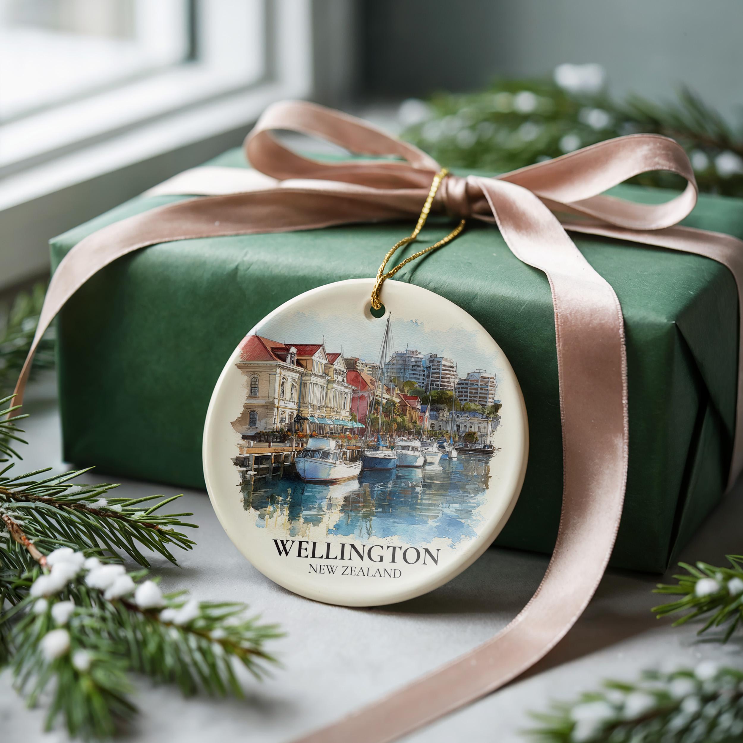 Wellington New Zealand Personalized Watercolor Ornament, Custom Ceramic Christmas gift, Travel Keepsake