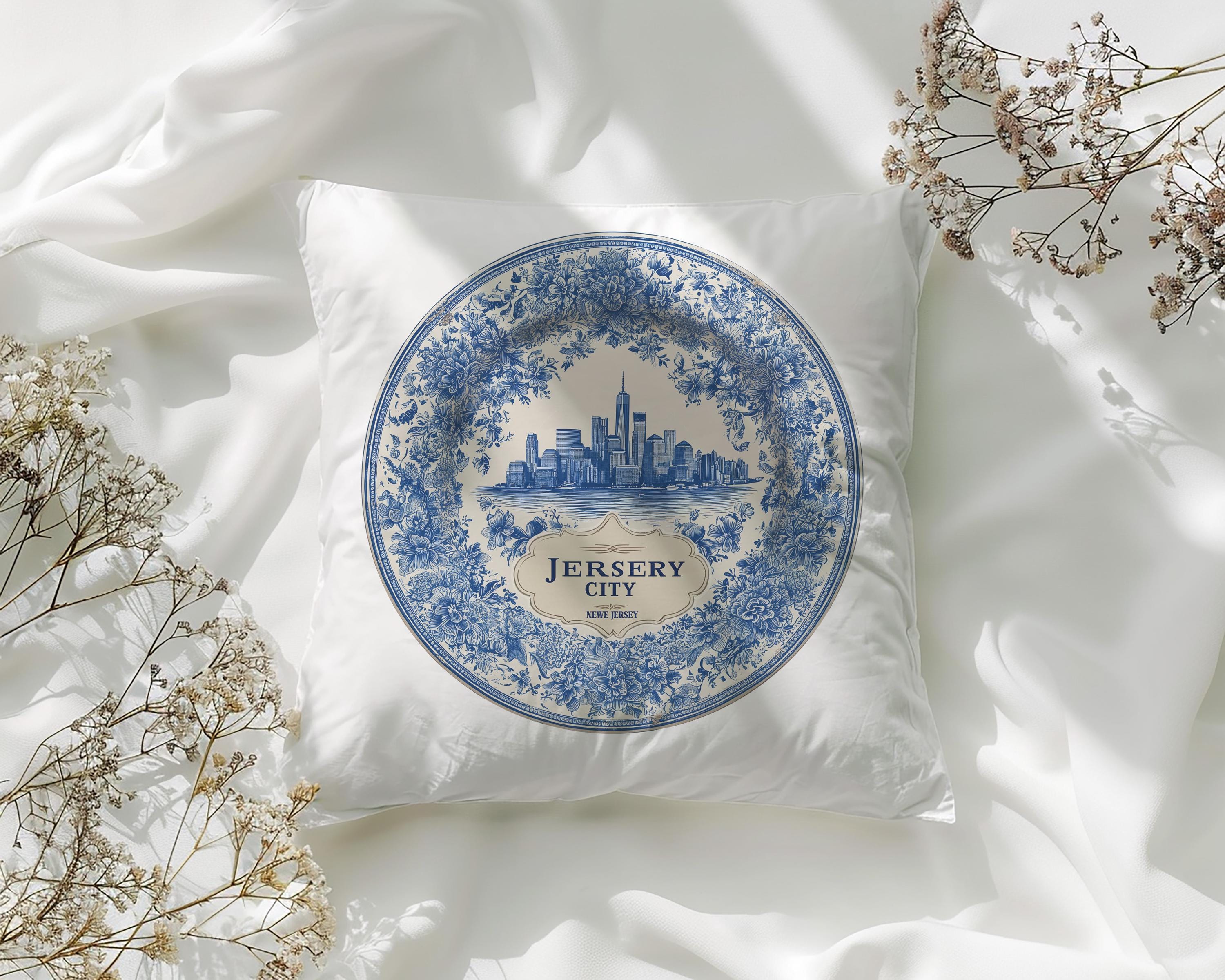 Jersey City New Jersey Pillowcase, Delft Style Decorative Throw Pillow, Vintage Cityscape Retro Home Decor