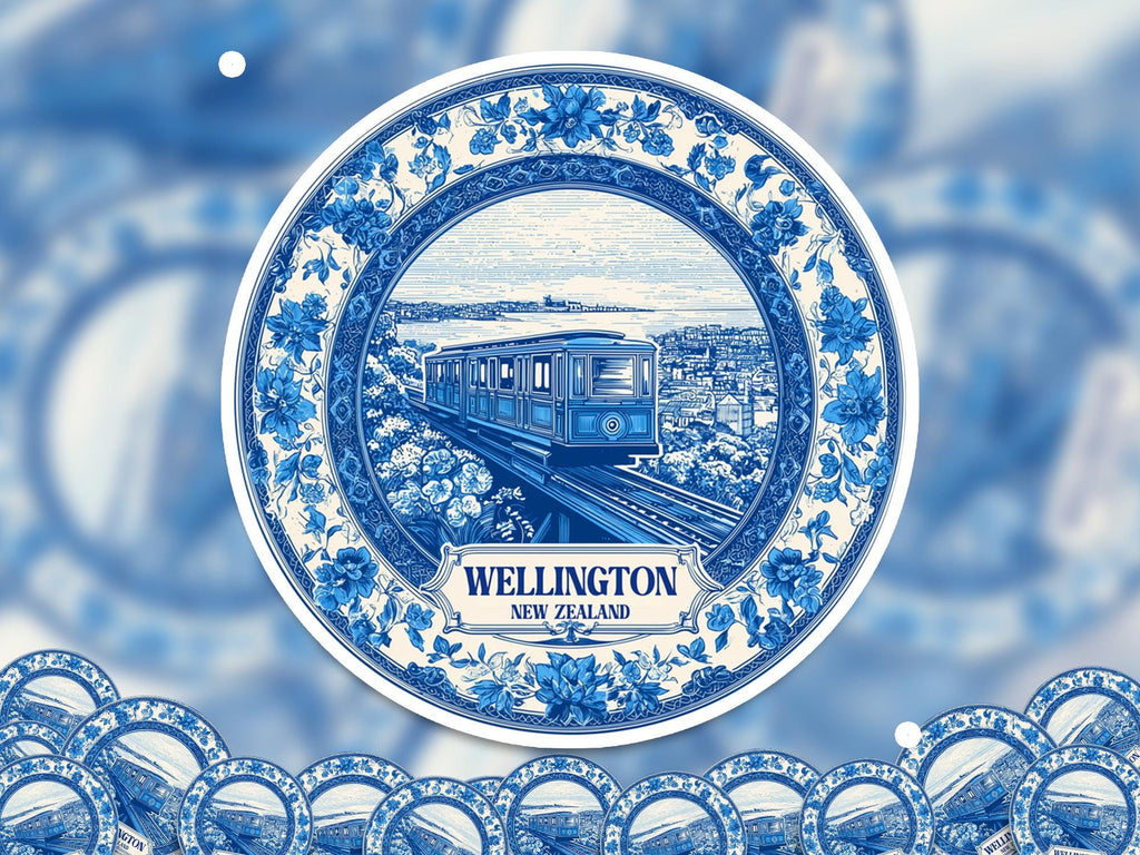 Wellington New Zealand Sticker Vintage Delft style, Delftware Decal Waterproof Vinyl, Blue City Travel