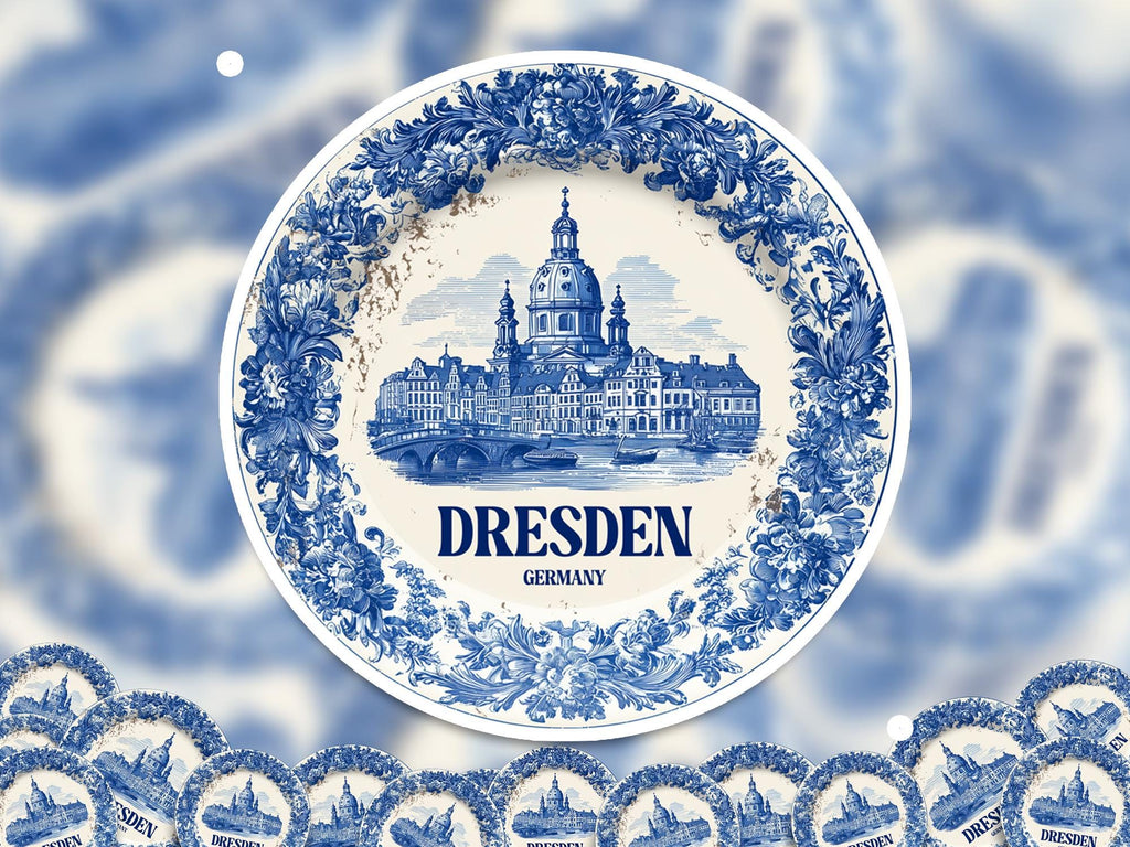 Dresden Germany Sticker Vintage Delft style, Delftware Decal Waterproof Vinyl, Blue City Travel