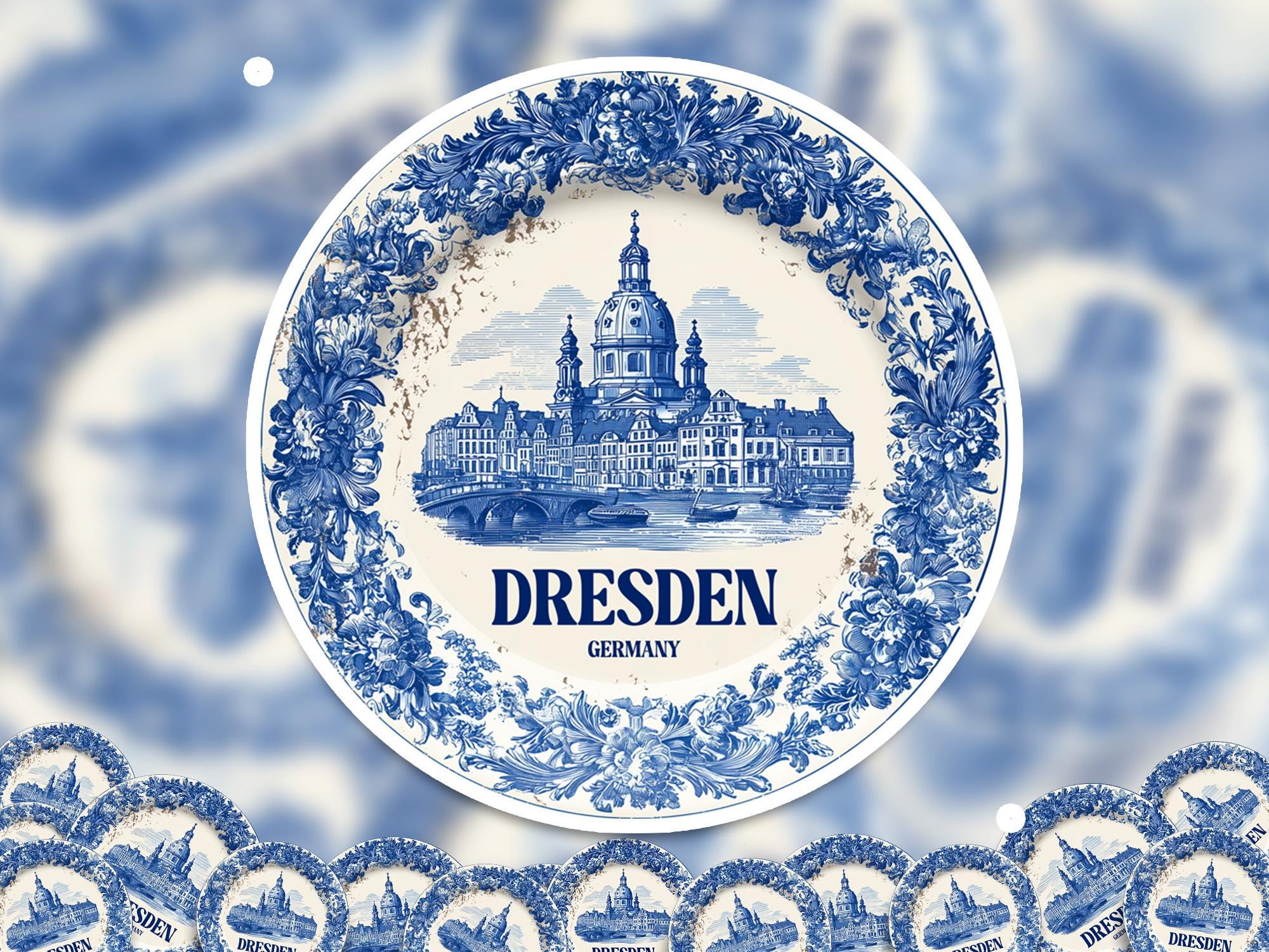 Dresden Germany Sticker Vintage Delft style, Delftware Decal Waterproof Vinyl, Blue City Travel