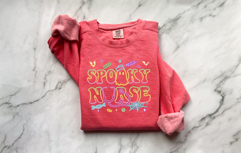 Spooky Nurse Halloween Shirt, Cute Ghost Fall Top with Flowers, Cozy Autumn Pullover, Funny Retro Spooky Season Apparel, Gift for Her