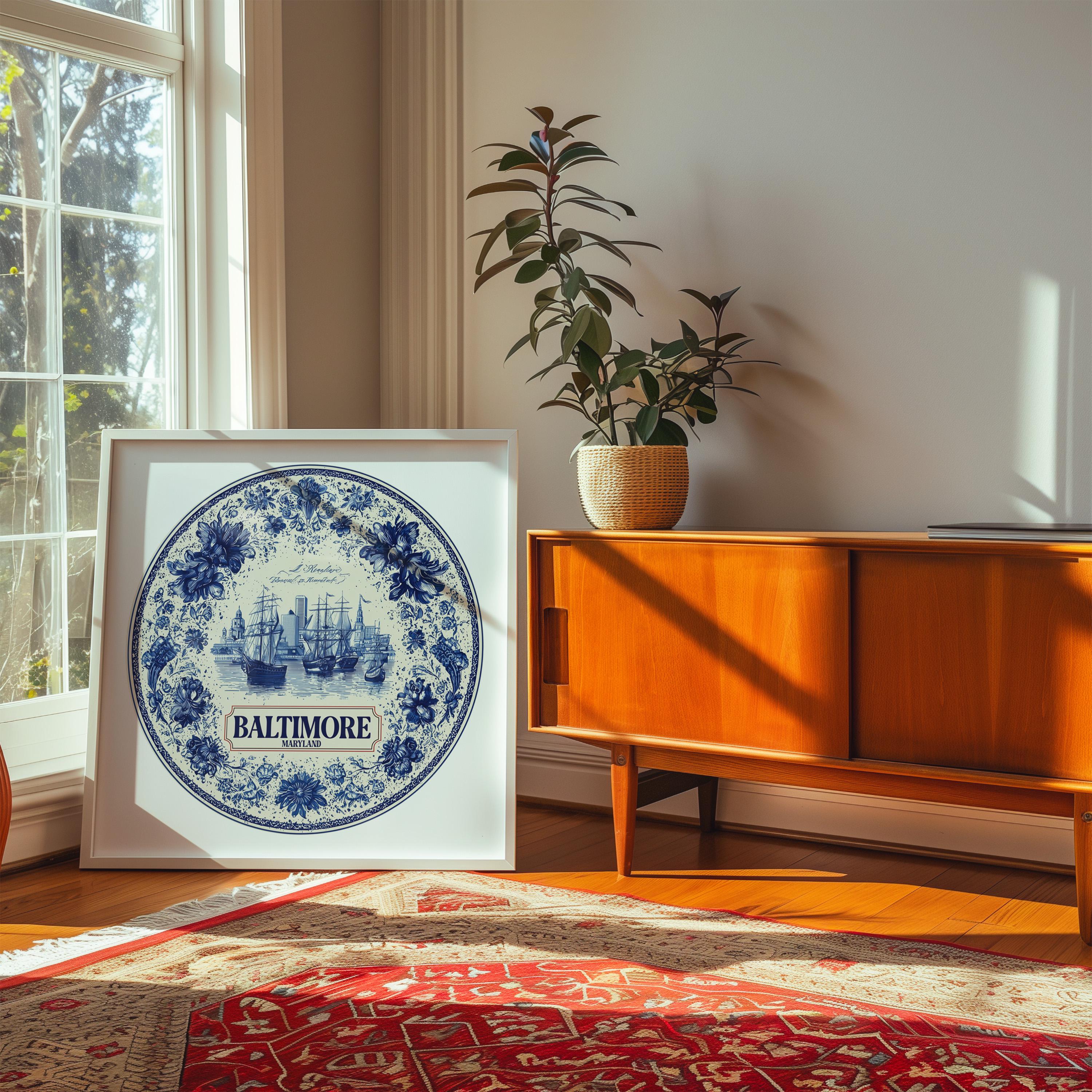 Baltimore Maryland Wall Art, Vintage Delft Blue Poster, City Print, Travel Home Decor