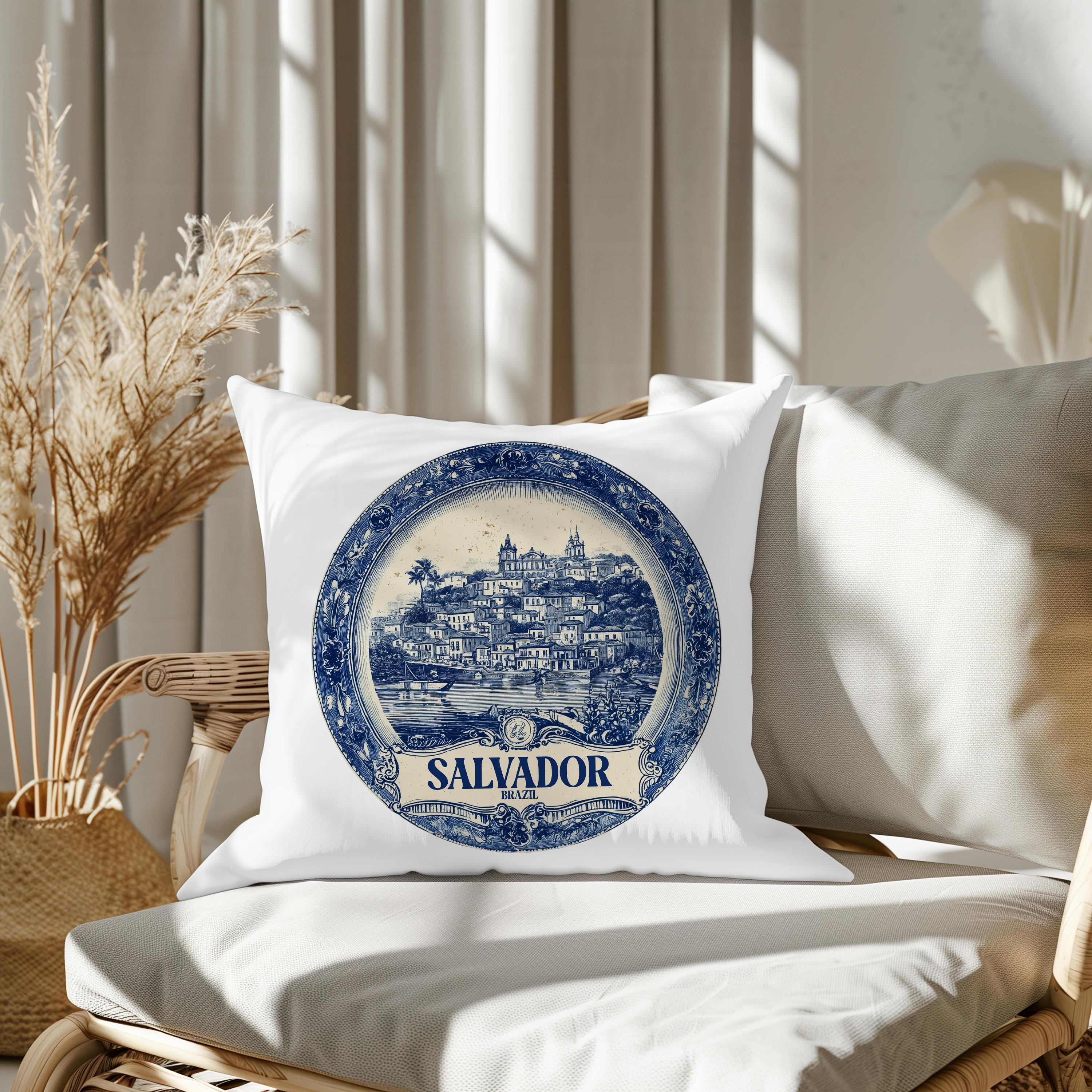 Salvador Brazil Pillowcase, Delft Style Decorative Throw Pillow, Vintage Cityscape Retro Home Decor