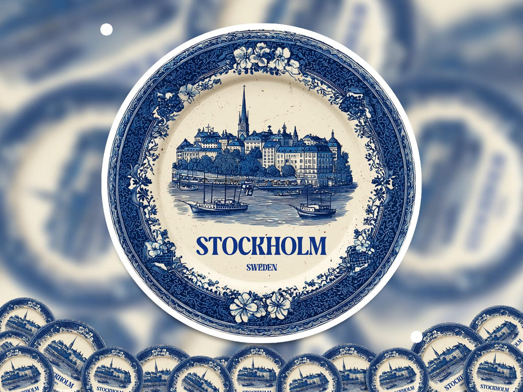 Stockholm Sweden Sticker Vintage Delft style, Delftware Decal Waterproof Vinyl, Blue City Travel