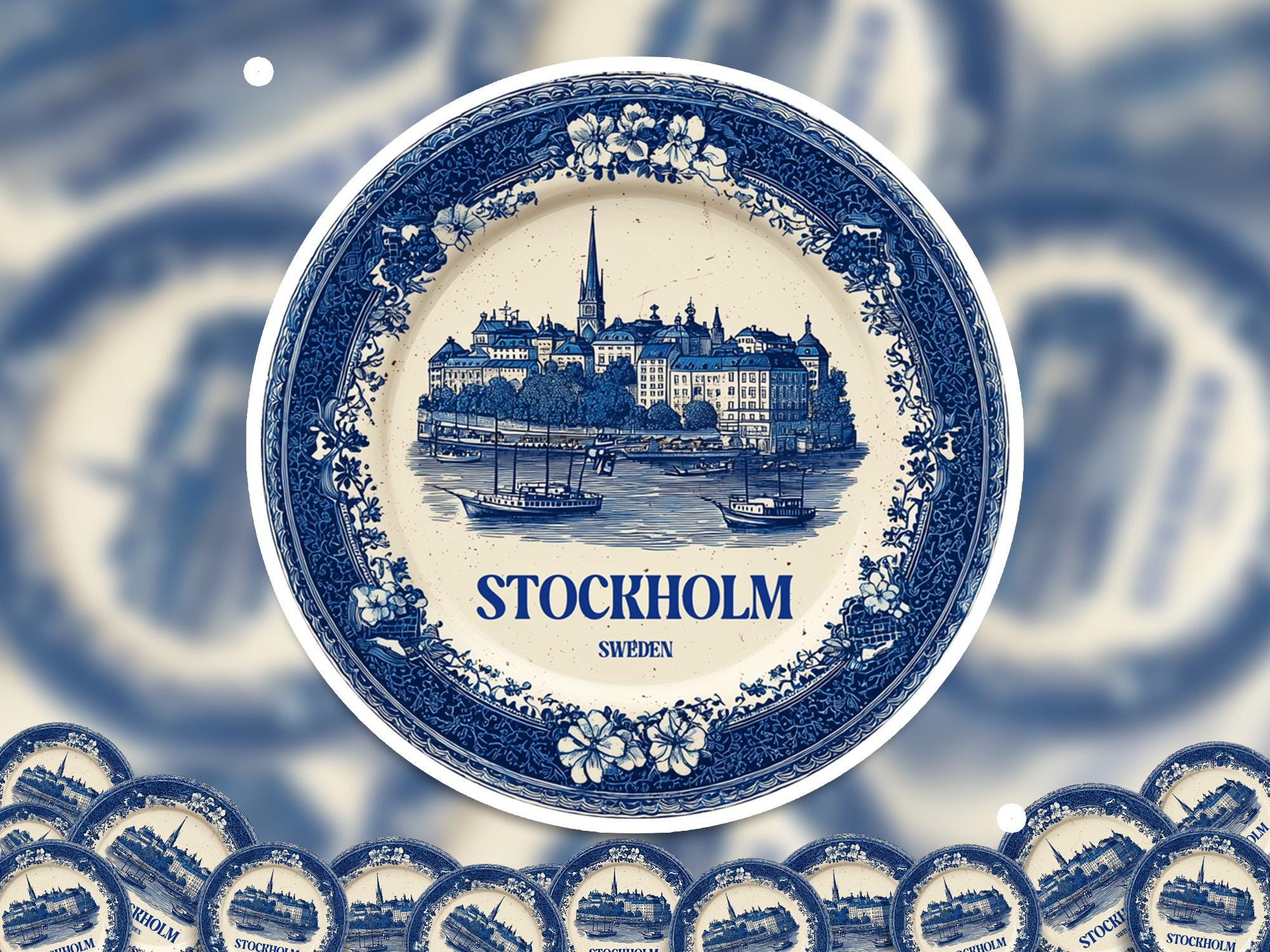 Stockholm Sweden Sticker Vintage Delft style, Delftware Decal Waterproof Vinyl, Blue City Travel