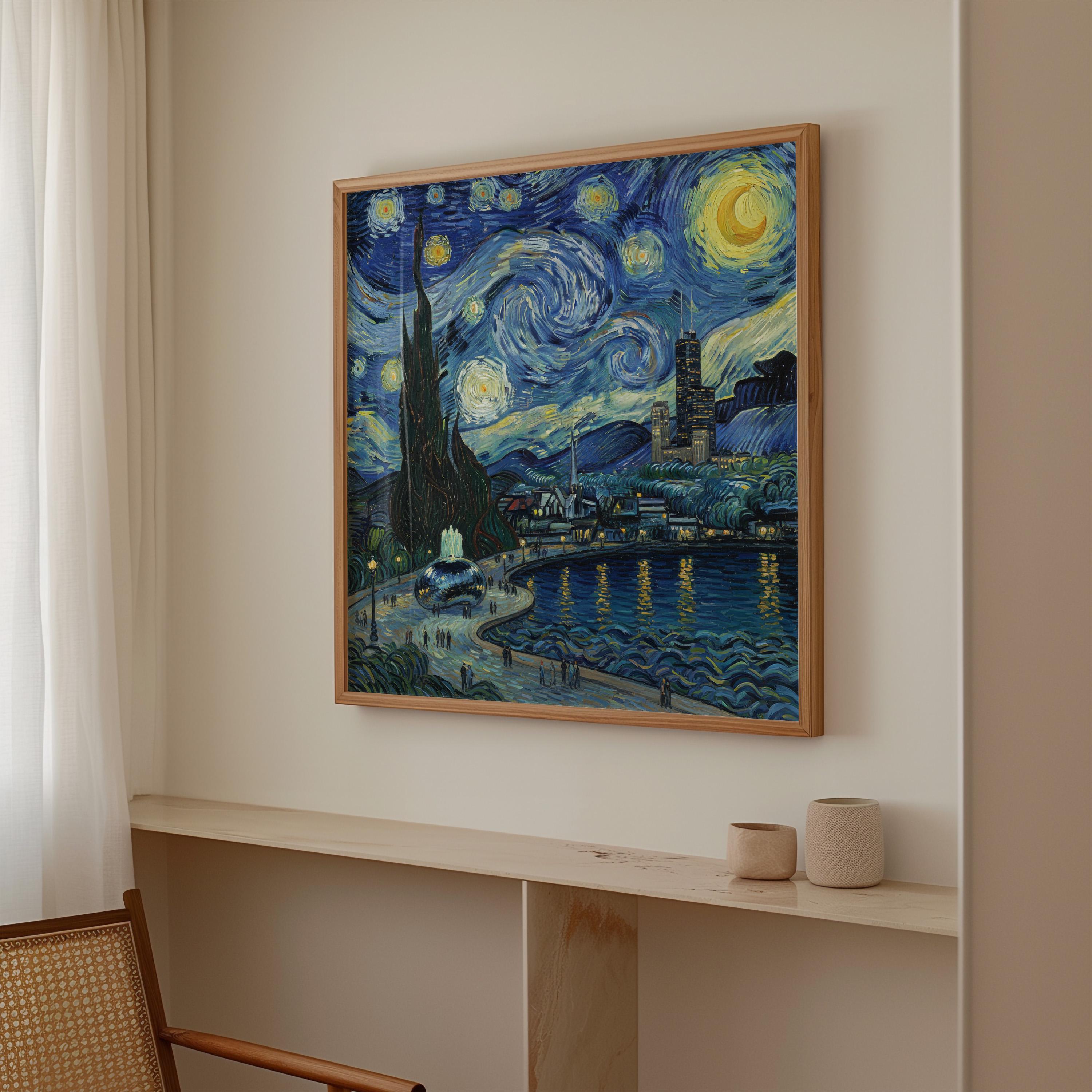 Chicago Illinois Starry Night Wall Art, Van Gogh Print, Travel Gift Home Decor