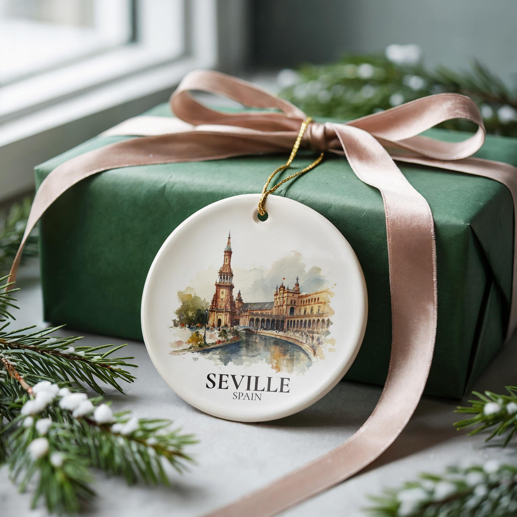 Seville Spain Personalized Watercolor Ornament, Custom Ceramic Christmas gift, Travel Keepsake