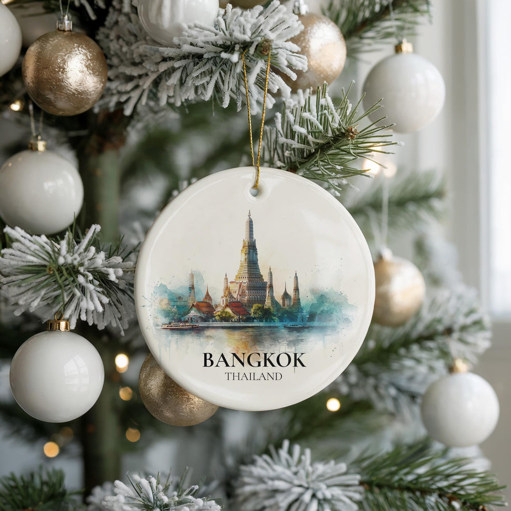 Bangkok Thailand Personalized Watercolor Ornament, Custom Ceramic Christmas gift, Travel Keepsake