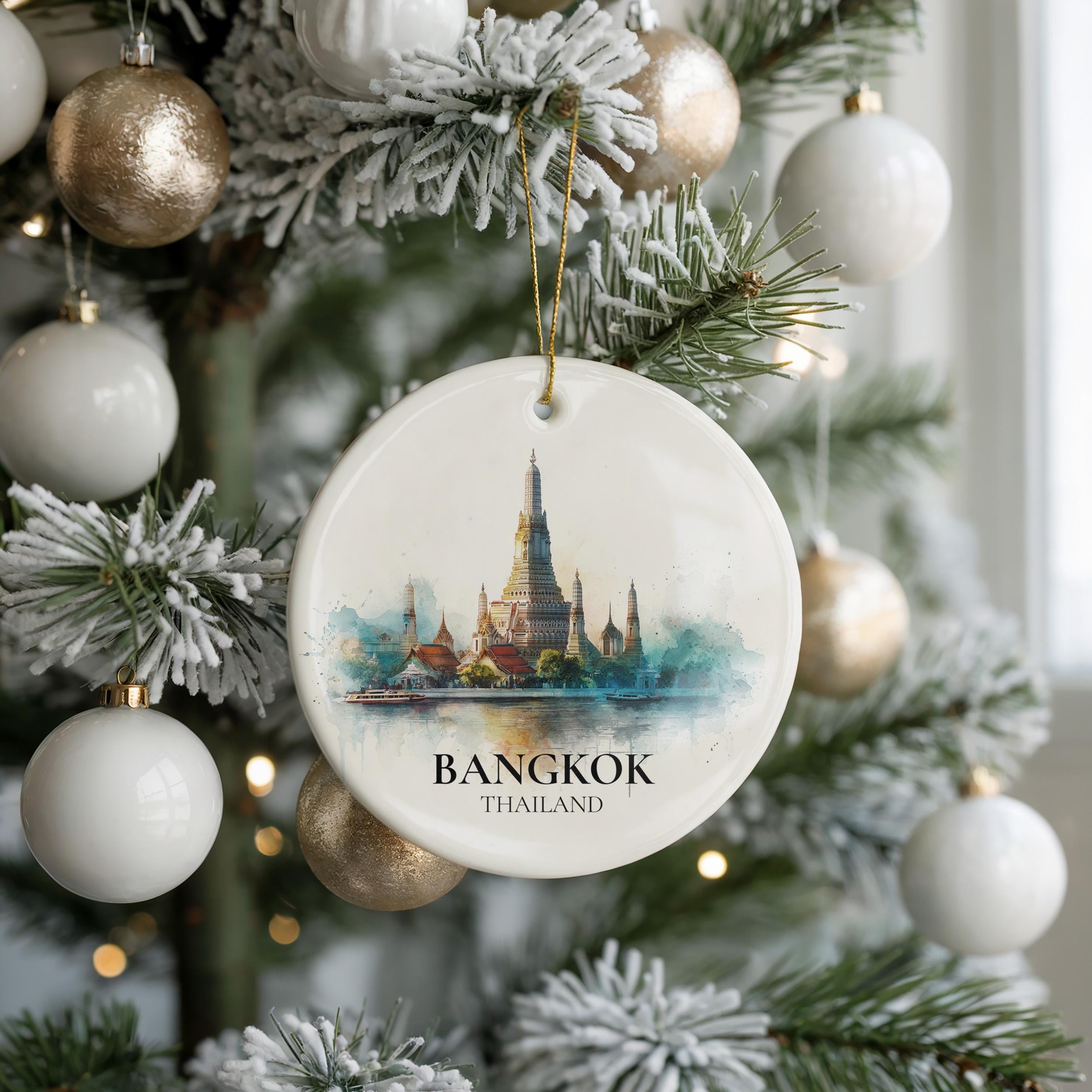 Bangkok Thailand Personalized Watercolor Ornament, Custom Ceramic Christmas gift, Travel Keepsake