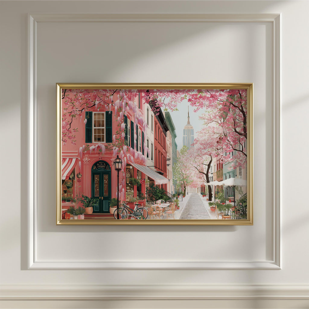 New York Spring Wall Art, Cherry Blossom Floral Empire State Travel Gift Decor Print