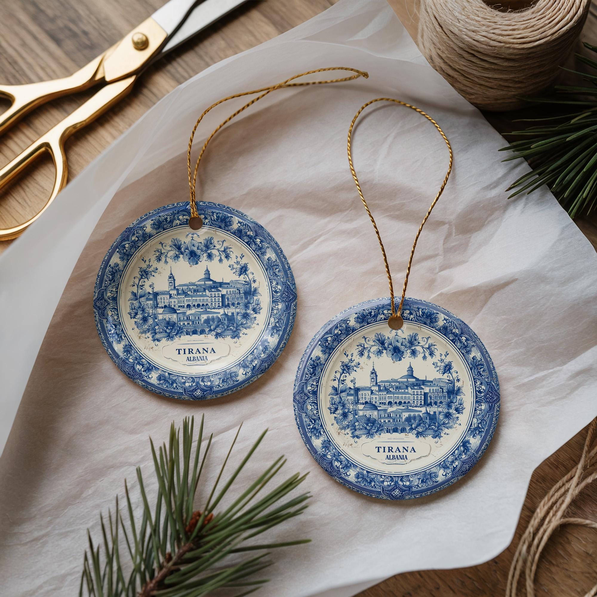 Custom Tirana Albania Ceramic Delft Ornament, Christmas Delftware Blue Delftware city travel
