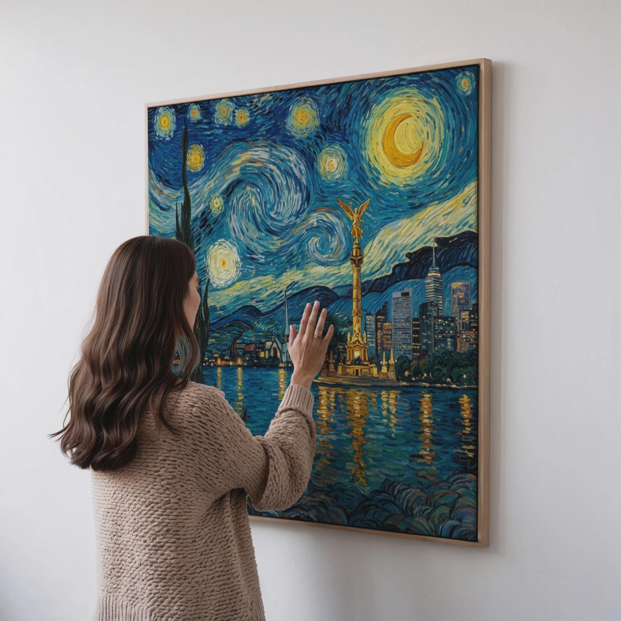 Mexico City Skyline Wall Art, Van Gogh Style Framed Canvas, Angel de la Independencia