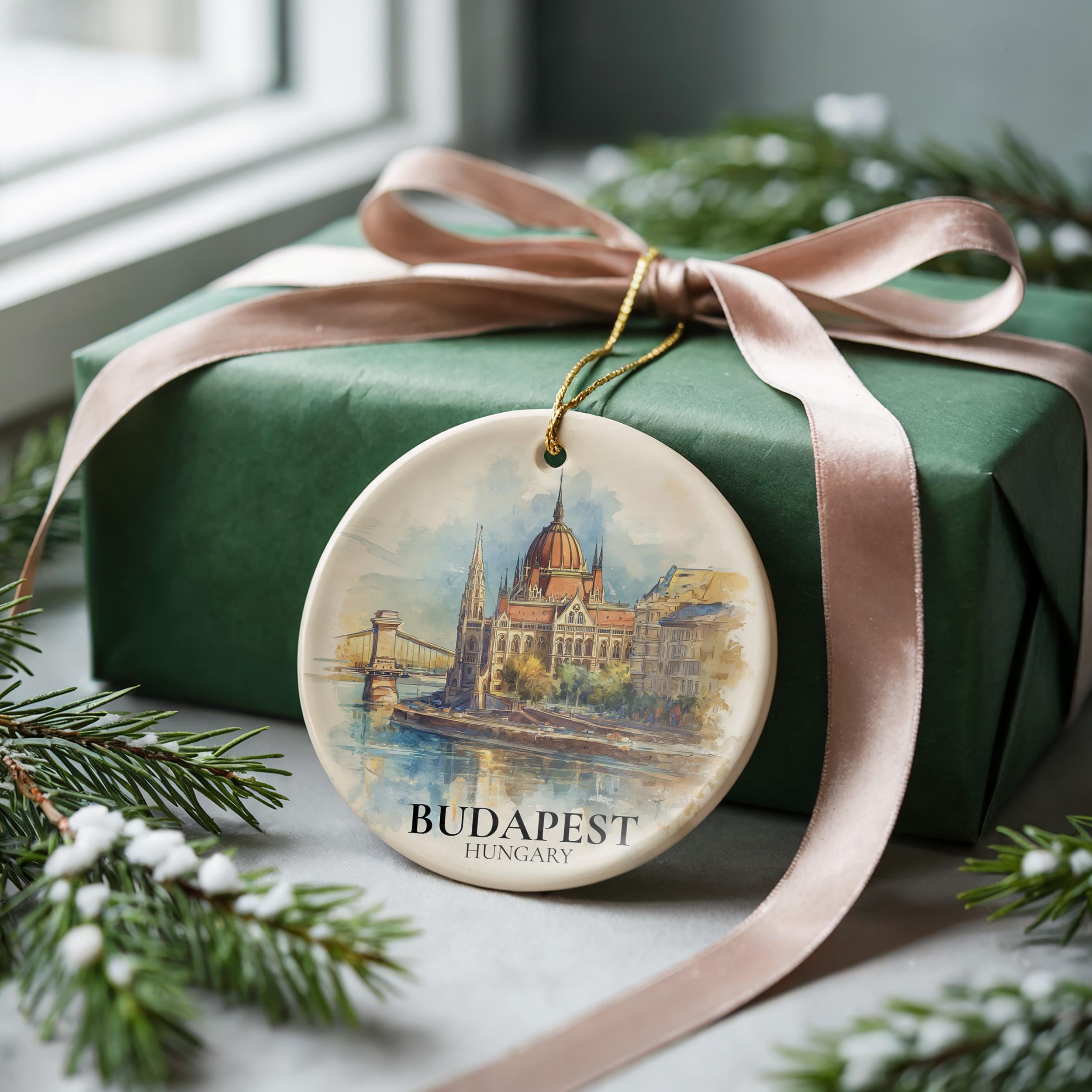Budapest Hungary Personalized Watercolor Ornament, Custom Ceramic Christmas gift, Travel Keepsake