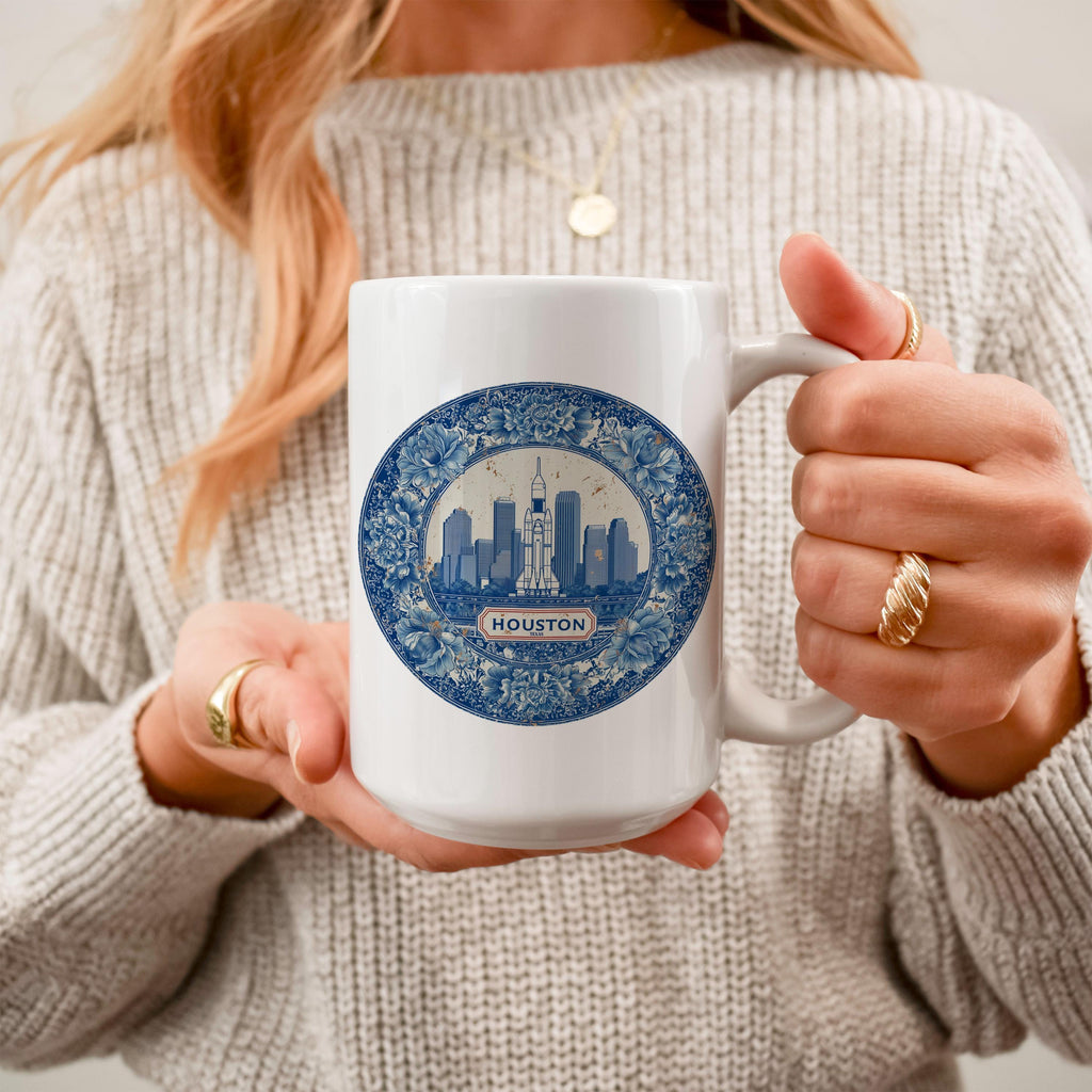Houston Texas Mug, Custom Delft Style cup, Personalized Vintage Travel City Gift