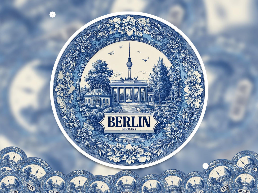 Berlin Germany Sticker Vintage Delft style, Delftware Decal Waterproof Vinyl, Blue City Travel