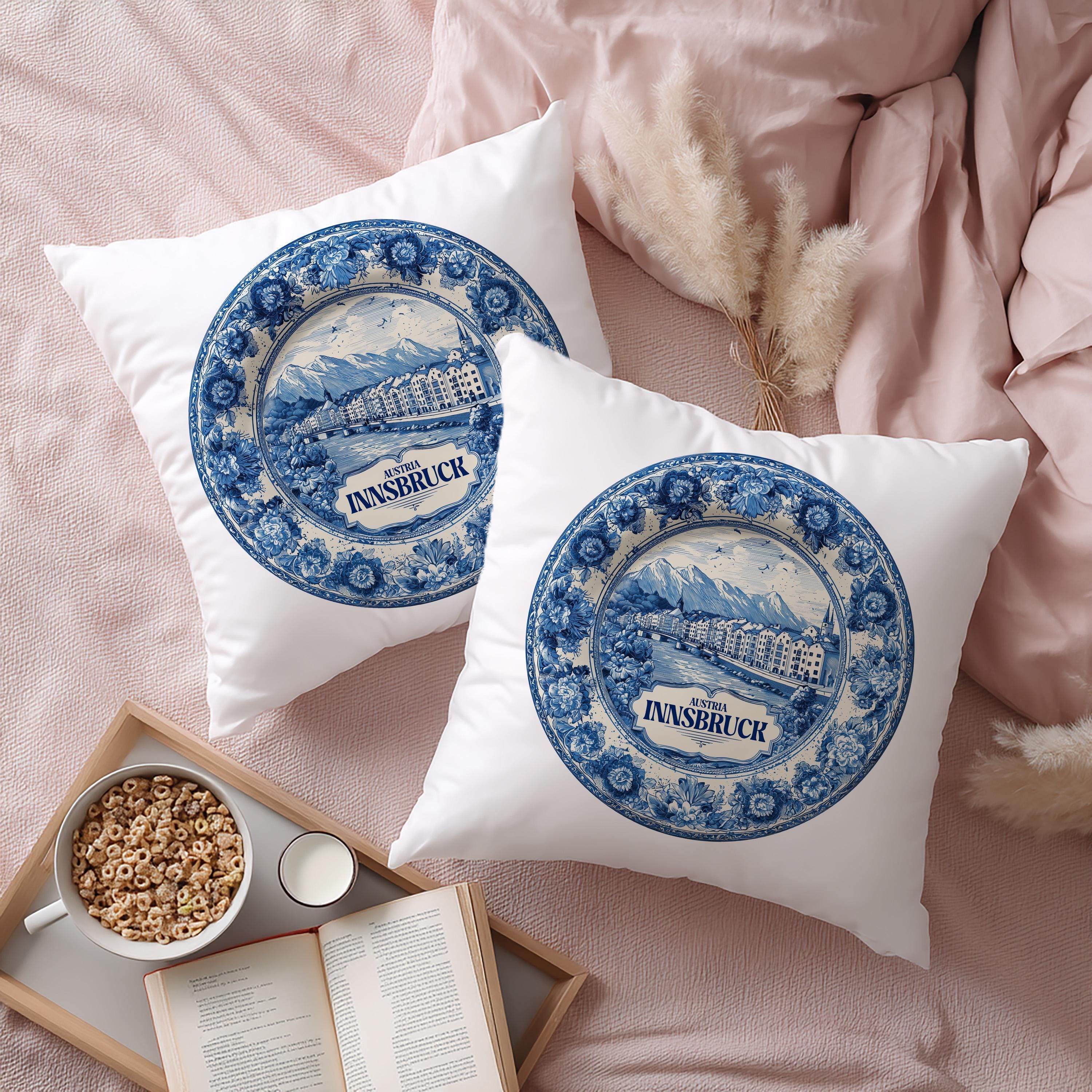 Innsbruck Austria Pillowcase, Delft Style Decorative Throw Pillow, Vintage Cityscape Retro Home Decor