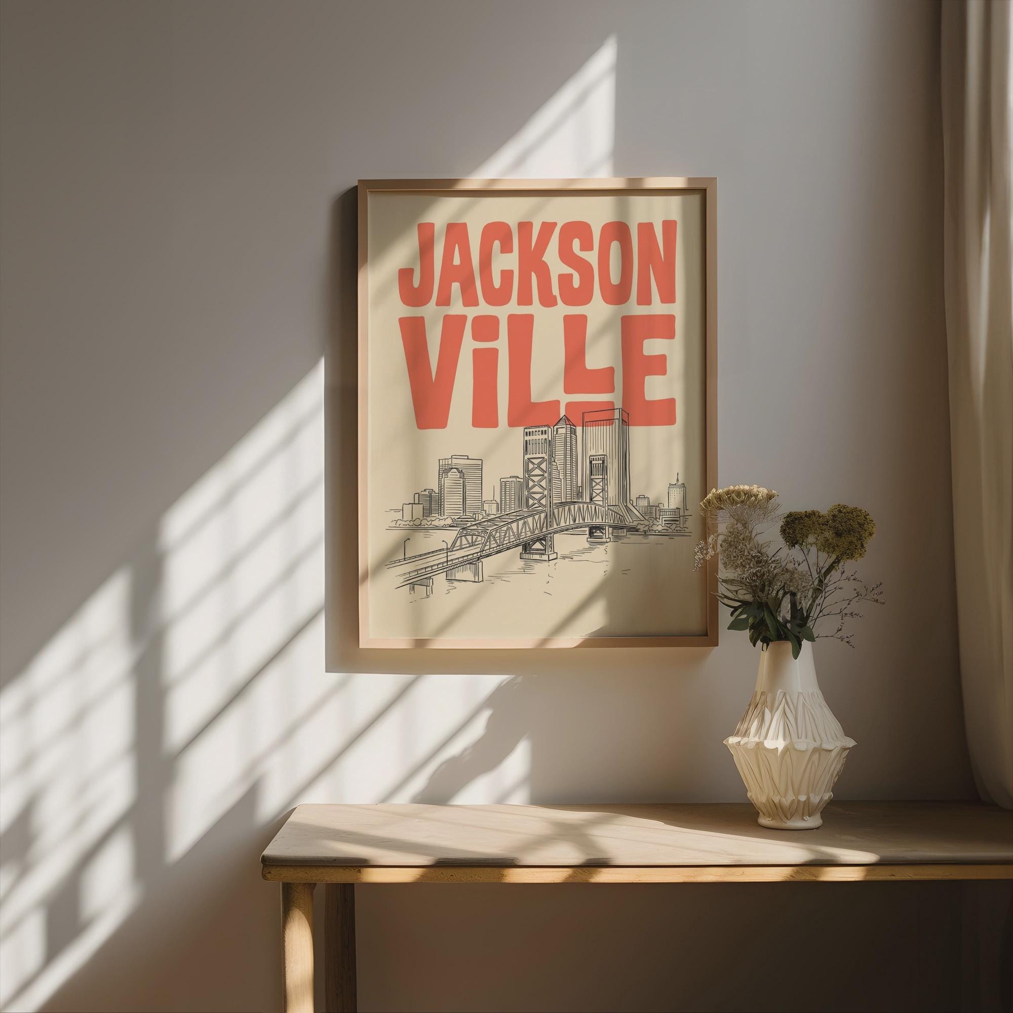 Jacksonville Florida Skyline Minimalist Wall Art, Framed Canvas Print, Retro City Decor