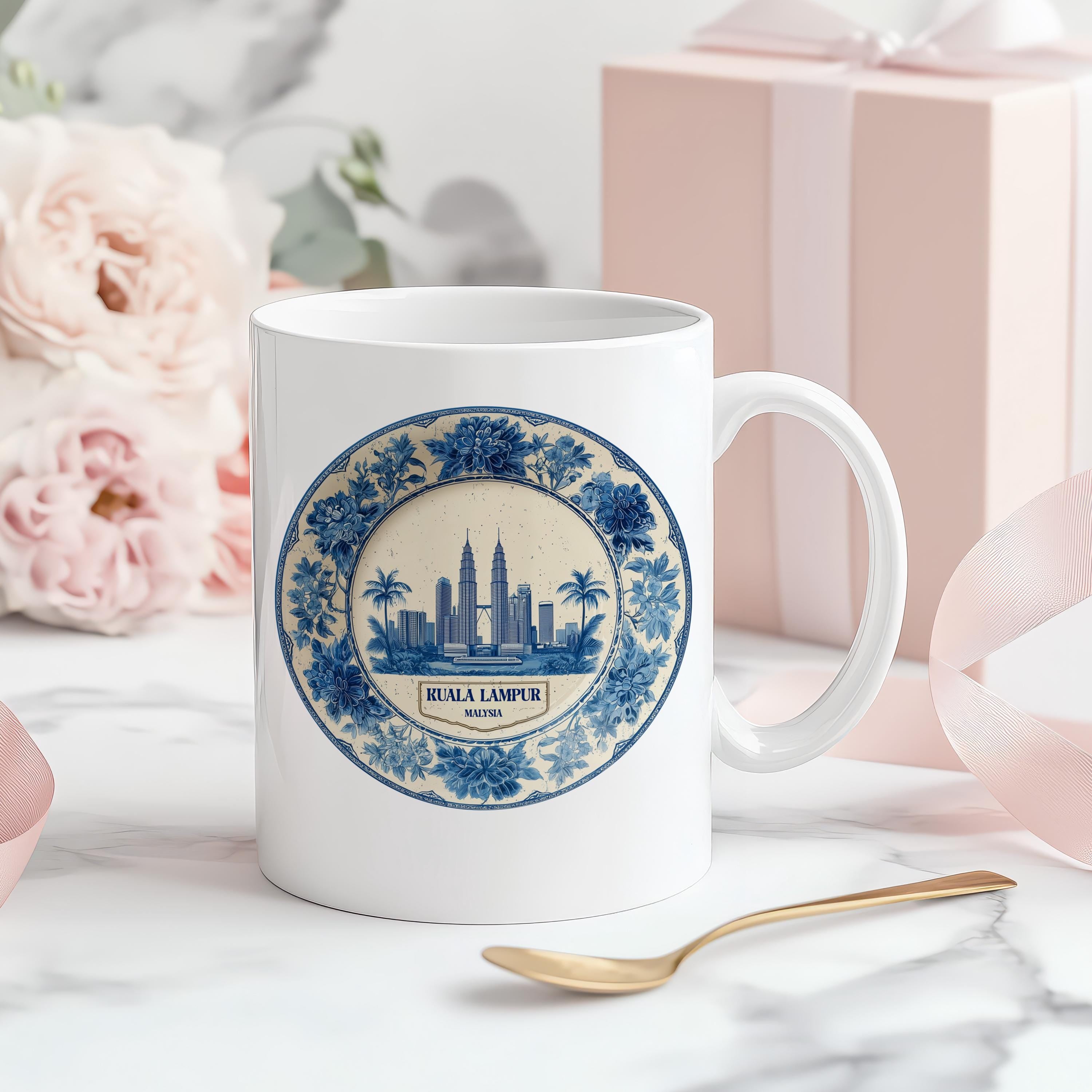 Kuala Lumpur Malaysia Mug, Custom Delft Style cup, Personalized Vintage Travel City Gift