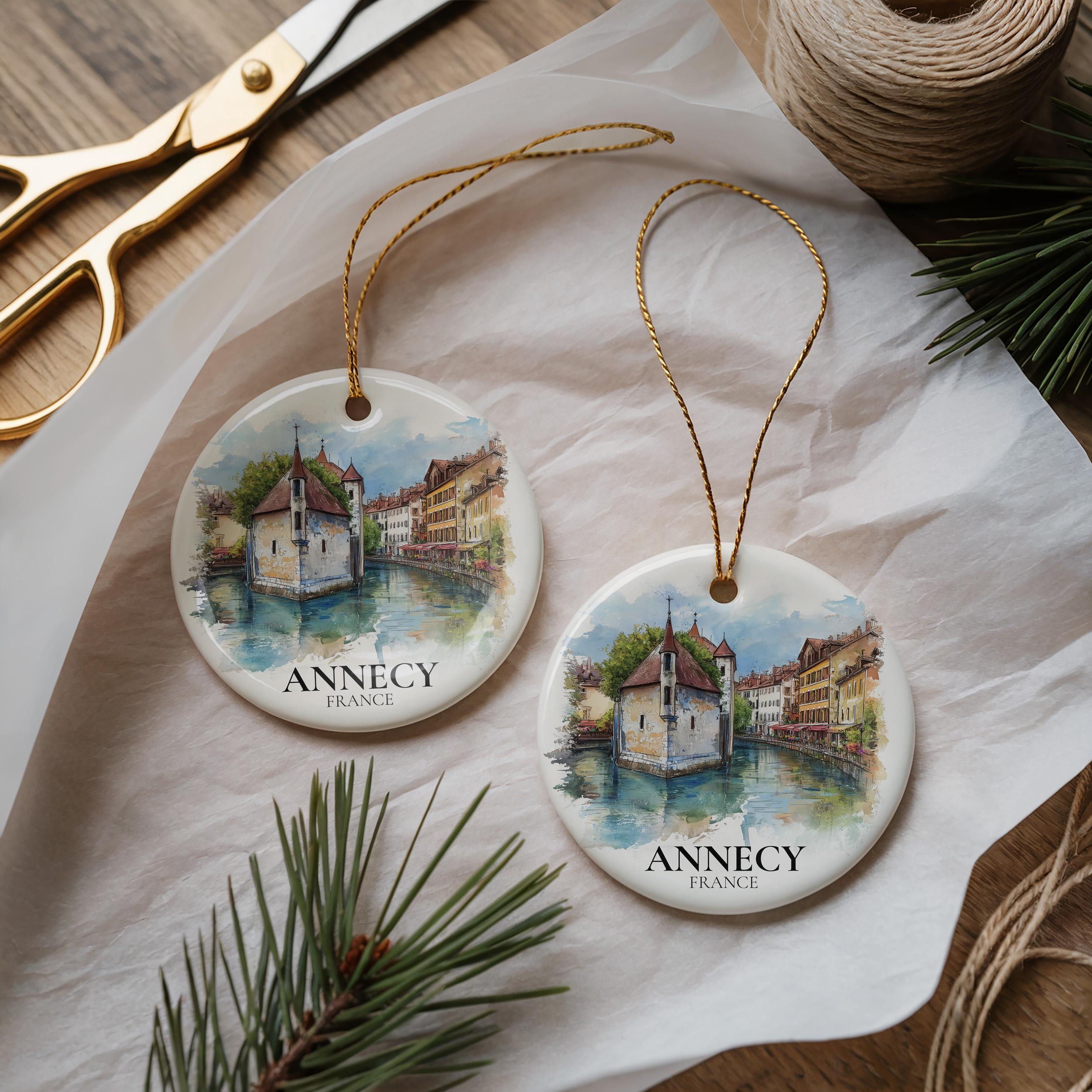 Annecy France Personalized Watercolor Ornament, Custom Ceramic Christmas gift, Travel Keepsake