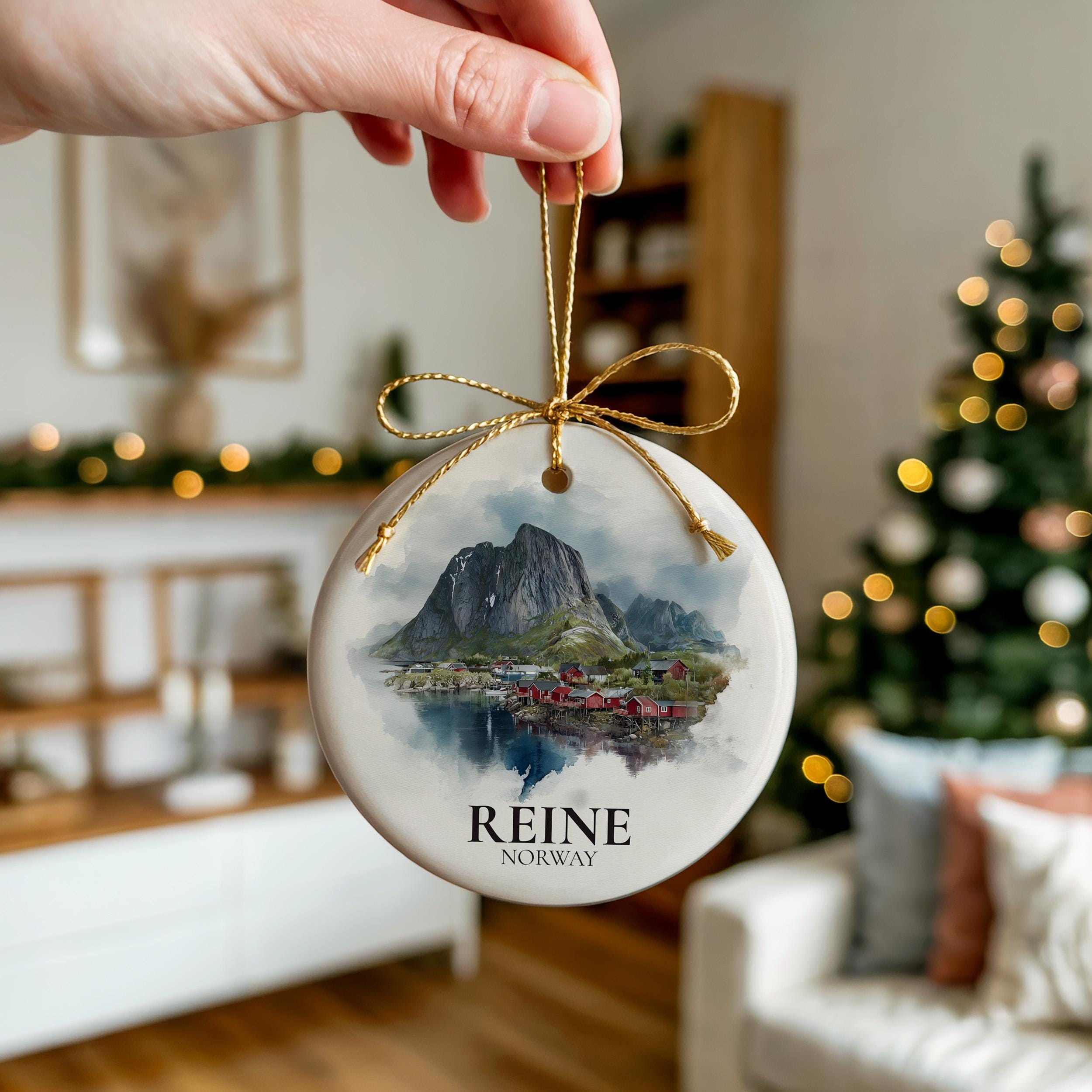 Reine Norway Personalized Watercolor Ornament, Custom Ceramic Christmas gift, Travel Keepsake