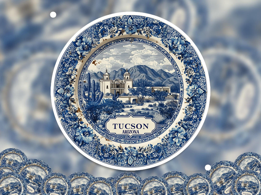 Tucson Arizona Sticker Vintage Delft style, Delftware Decal Waterproof Vinyl, Blue City Travel USA