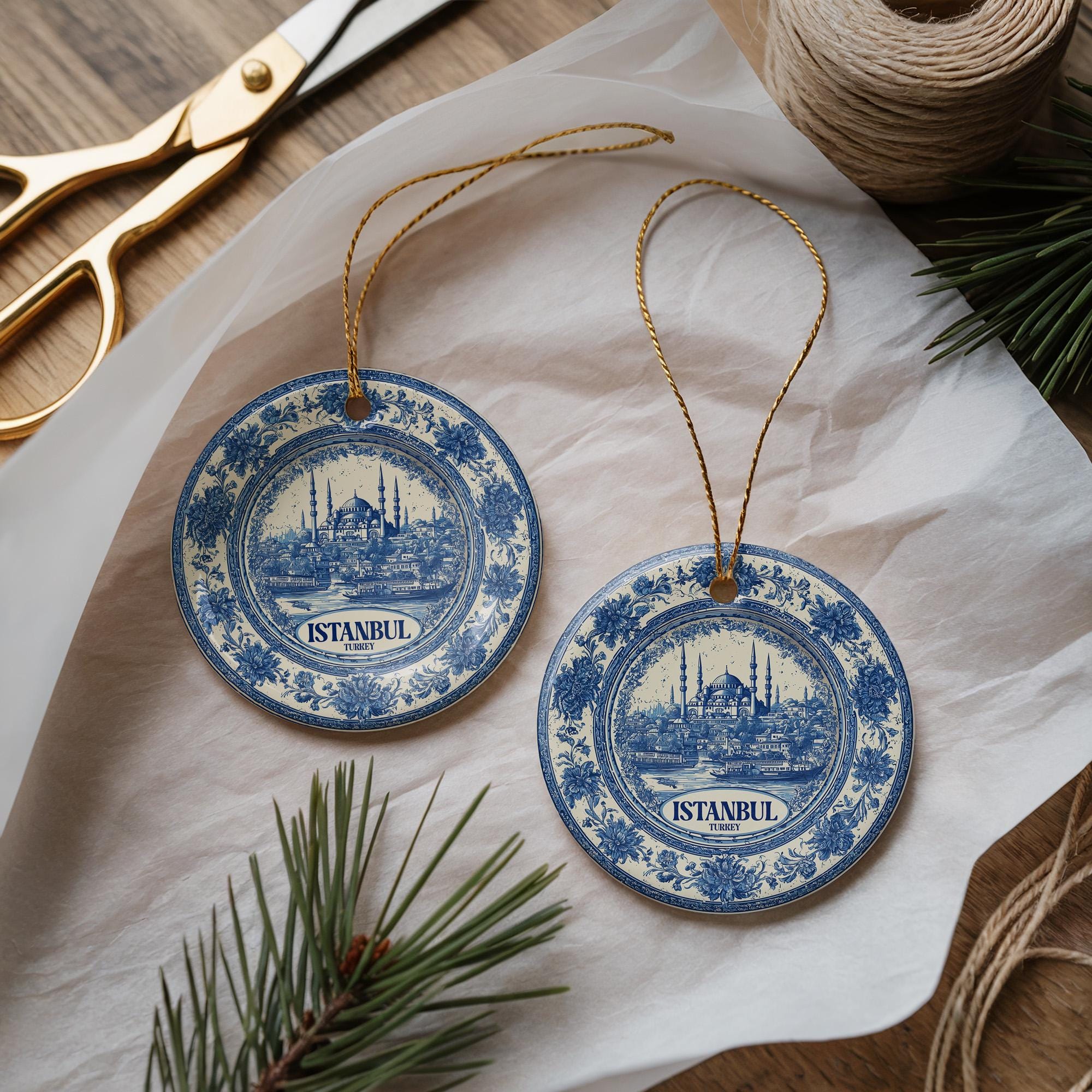 Custom Istanbul Turkey Ceramic Delft Ornament, Christmas Delftware Blue Delftware city travel