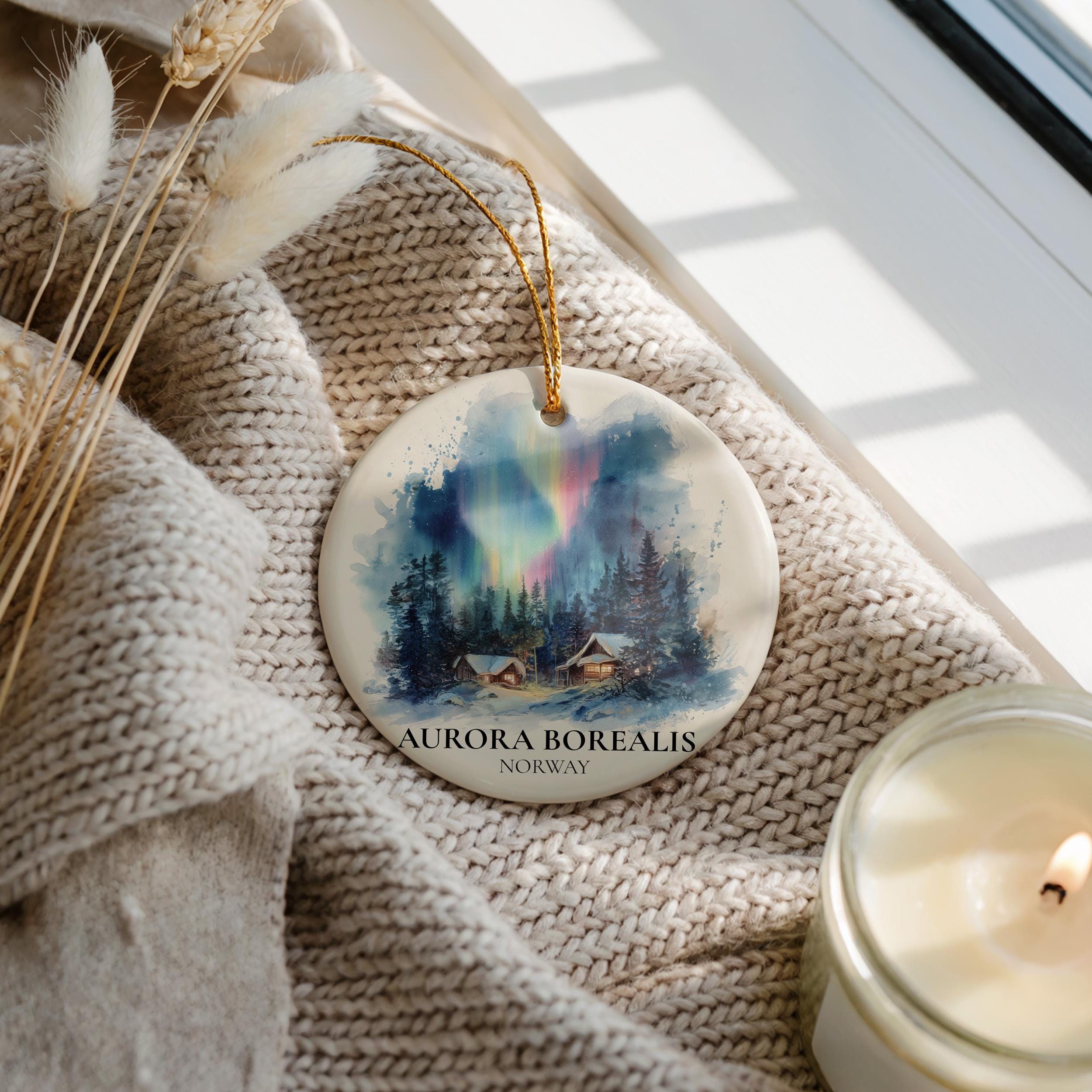 Aurora Borealis Norway Personalized Watercolor Ornament, Custom Ceramic Christmas gift, Travel Keepsake