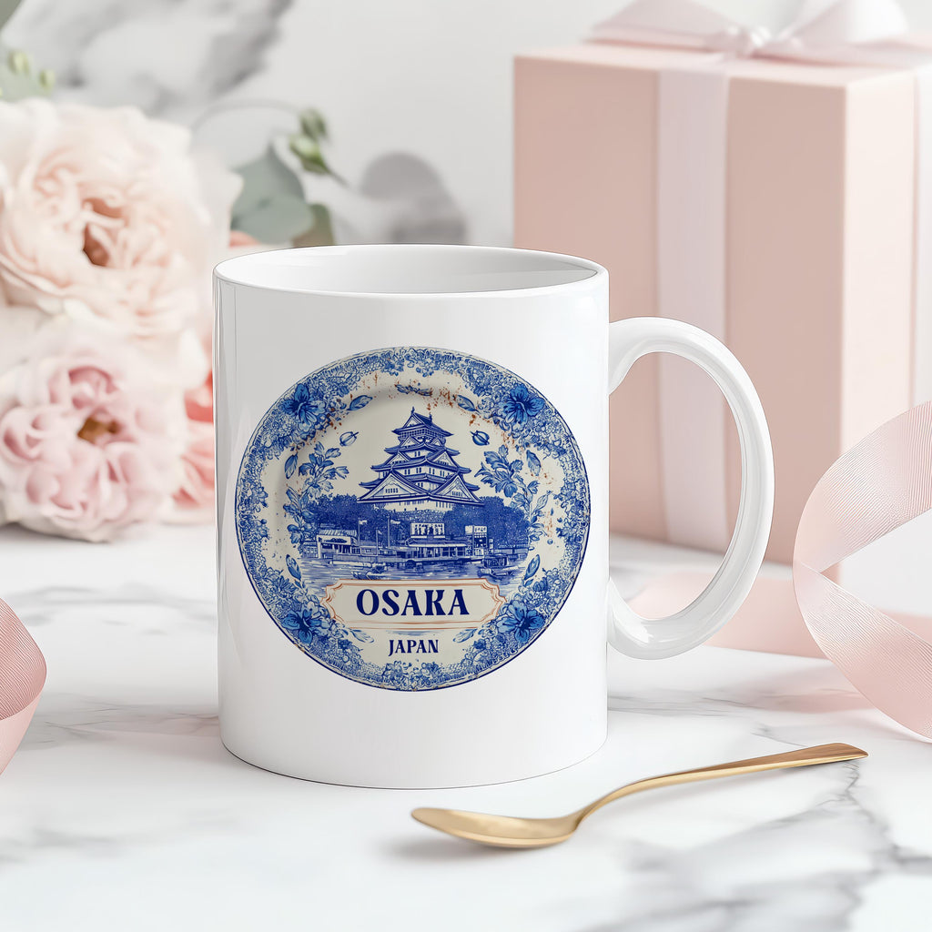 Osaka Japan Mug, Custom Delft Style cup, Personalized Vintage Travel City Gift