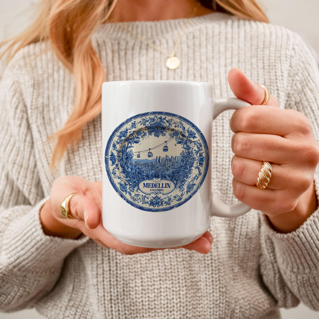 Medellin Colombia Mug, Custom Delft Style cup, Personalized Vintage Travel City Gift