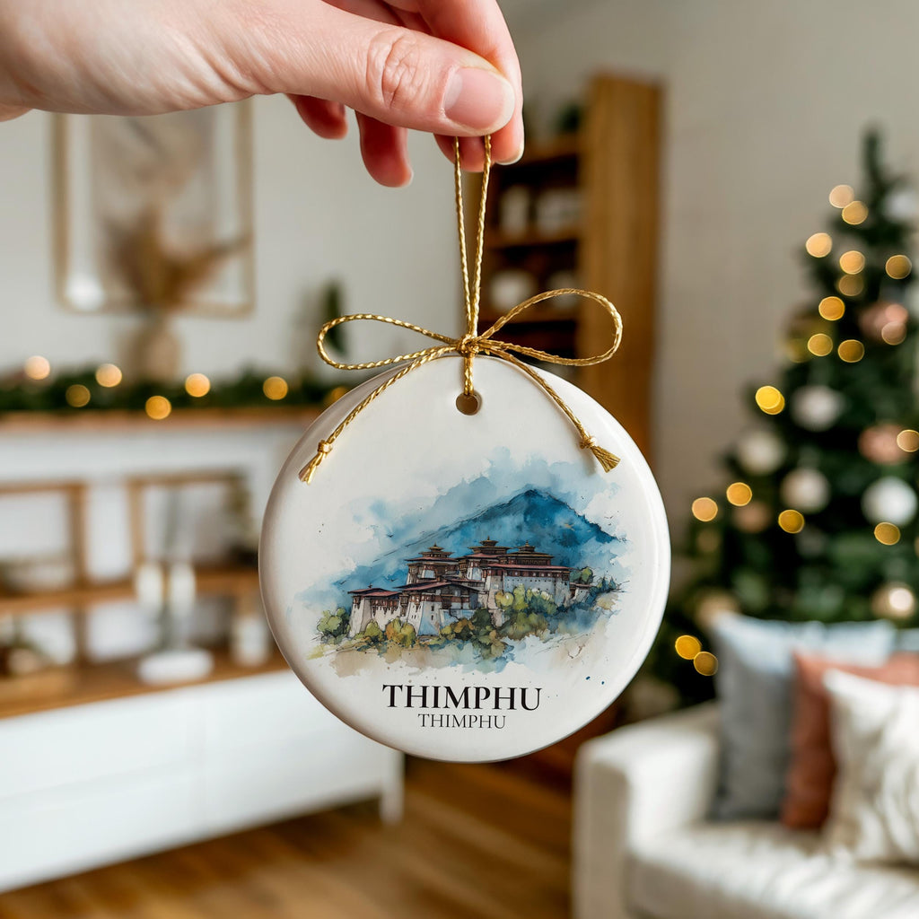 Thimphu Bhutan Personalized Watercolor Ornament, Custom Ceramic Christmas gift, Travel Keepsake