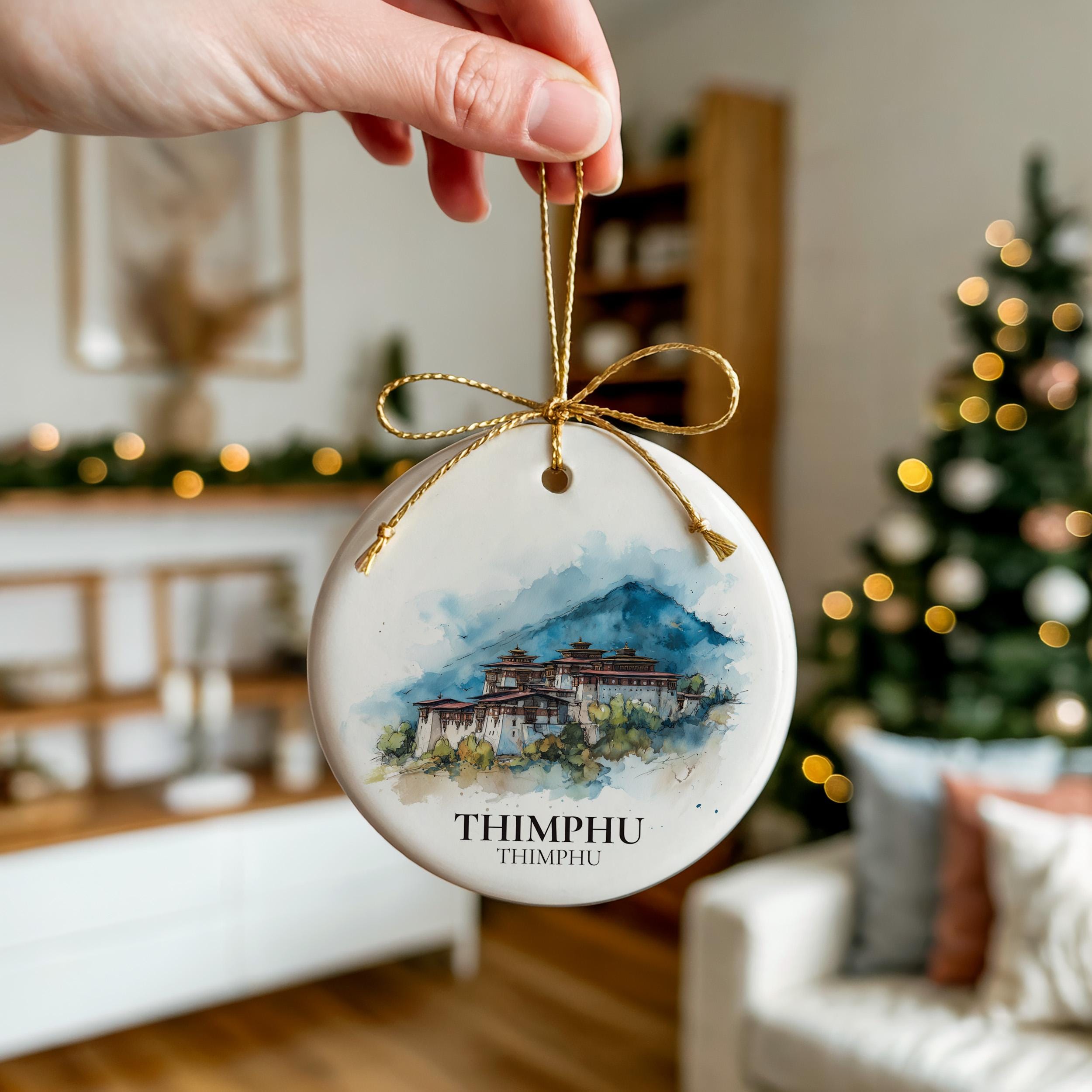 Thimphu Bhutan Personalized Watercolor Ornament, Custom Ceramic Christmas gift, Travel Keepsake