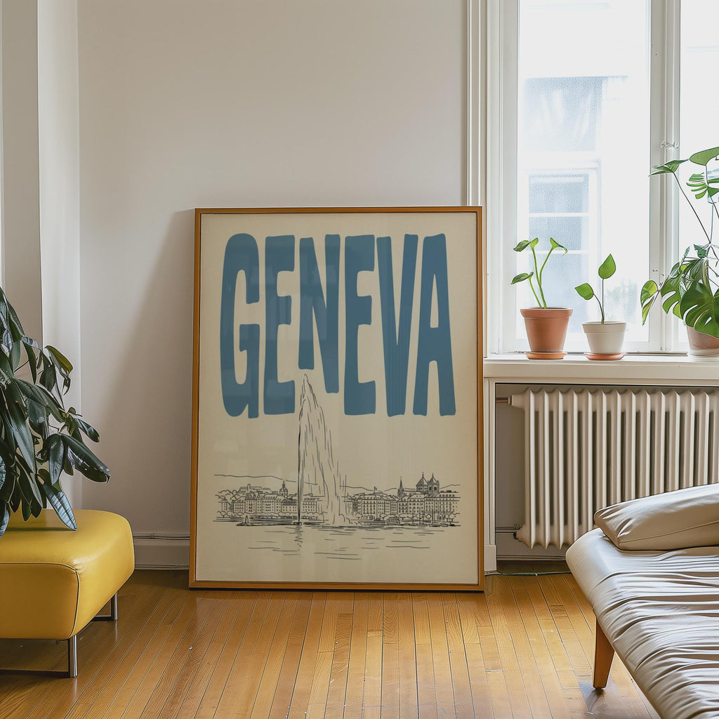 Geneva Switzerland Wall Minimalist Art, Vintage Travel Poster, Framed Canvas Print